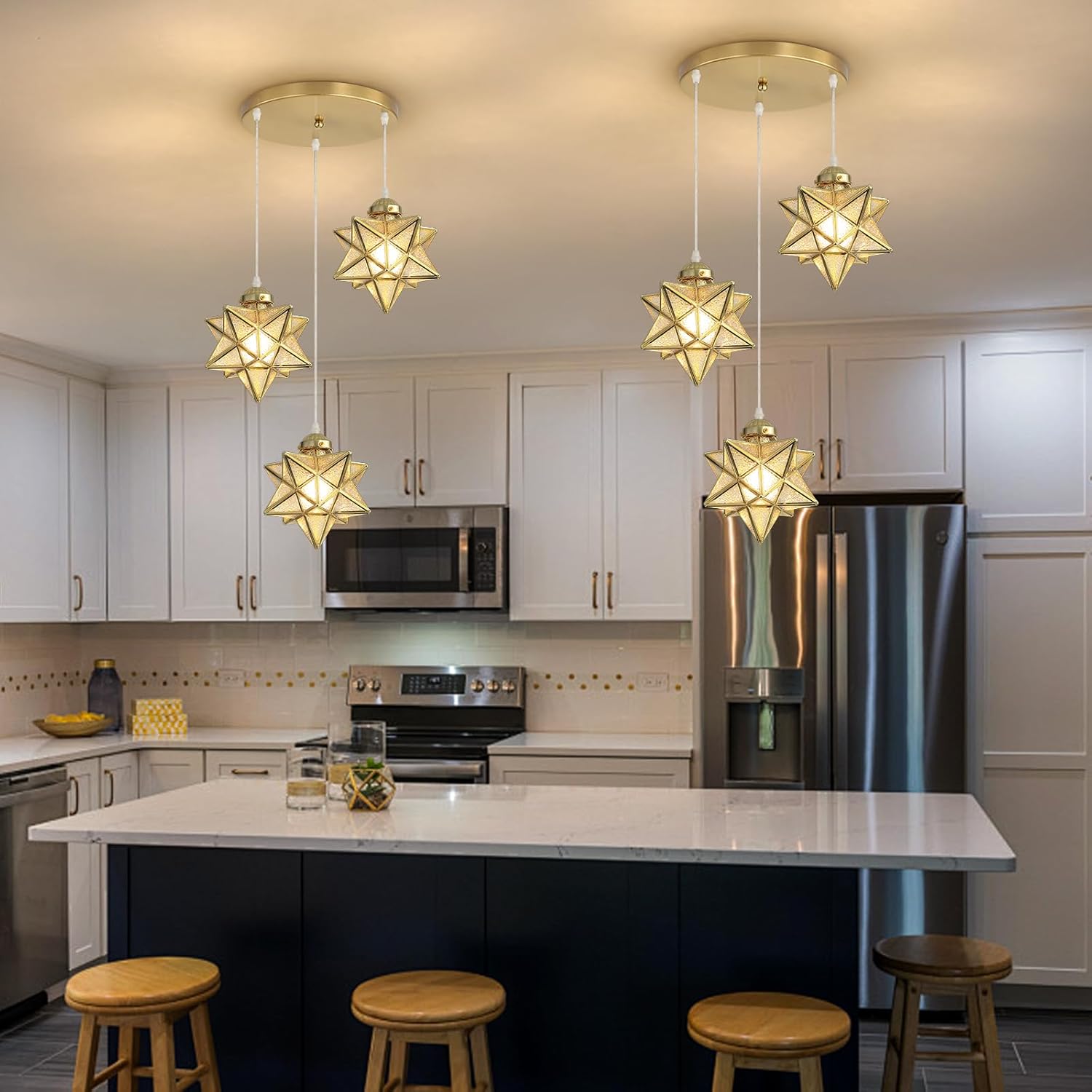 Modern 3-Light Gold Moravian Star Pendant Chandelier with Crystal Glass, Adjustable Ceiling Light