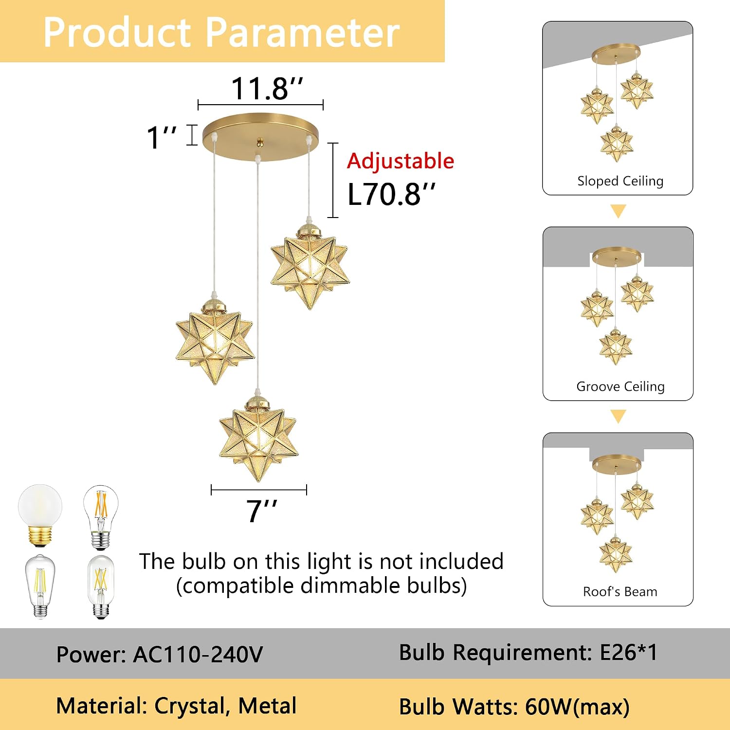 Modern 3-Light Gold Moravian Star Pendant Chandelier with Crystal Glass, Adjustable Ceiling Light