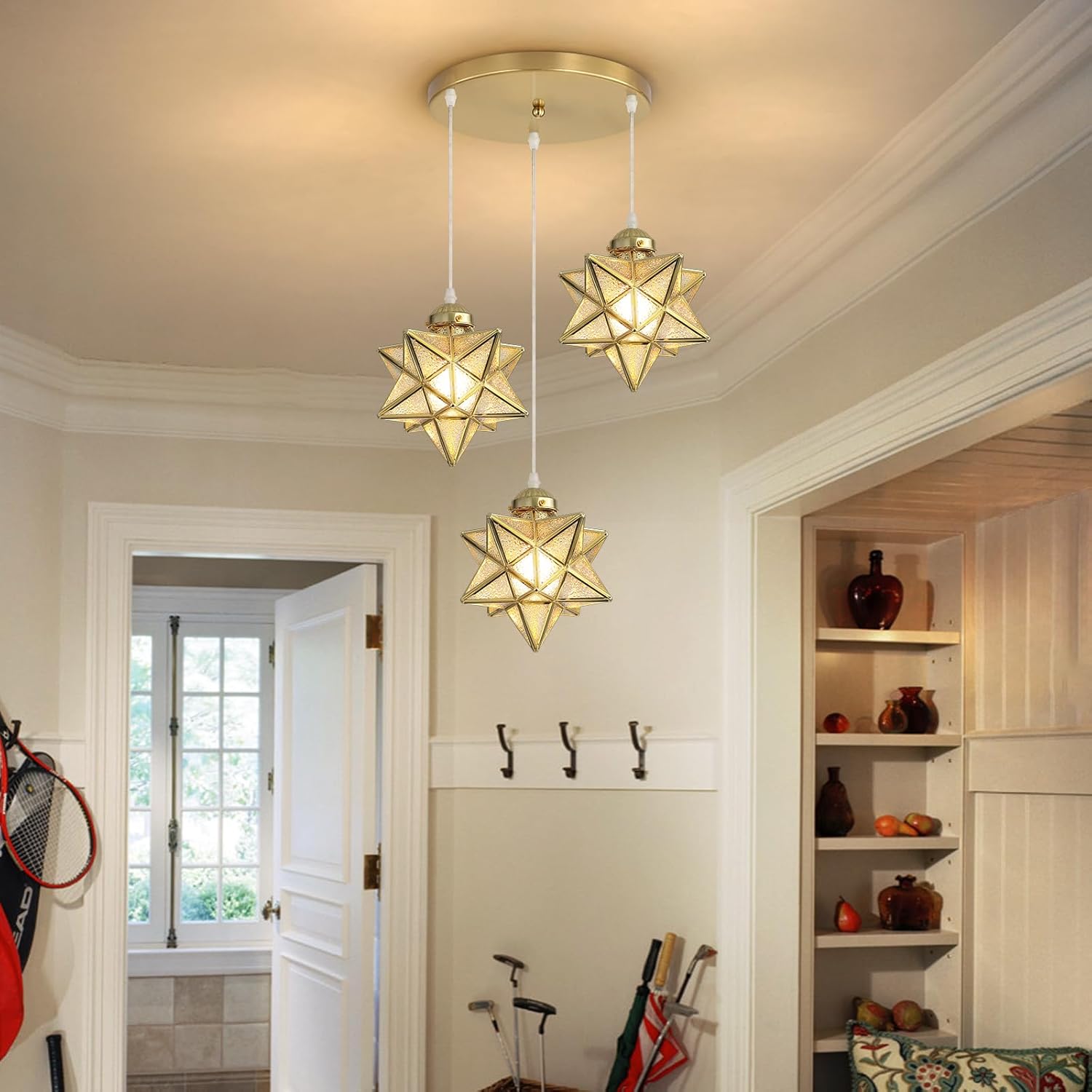 Modern 3-Light Gold Moravian Star Pendant Chandelier with Crystal Glass, Adjustable Ceiling Light