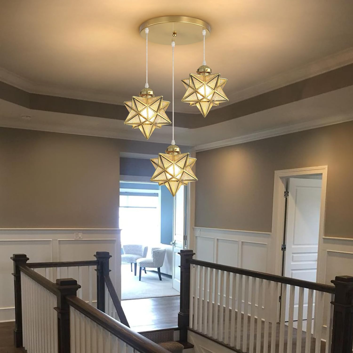 Modern 3-Light Gold Moravian Star Pendant Chandelier with Crystal Glass, Adjustable Ceiling Light