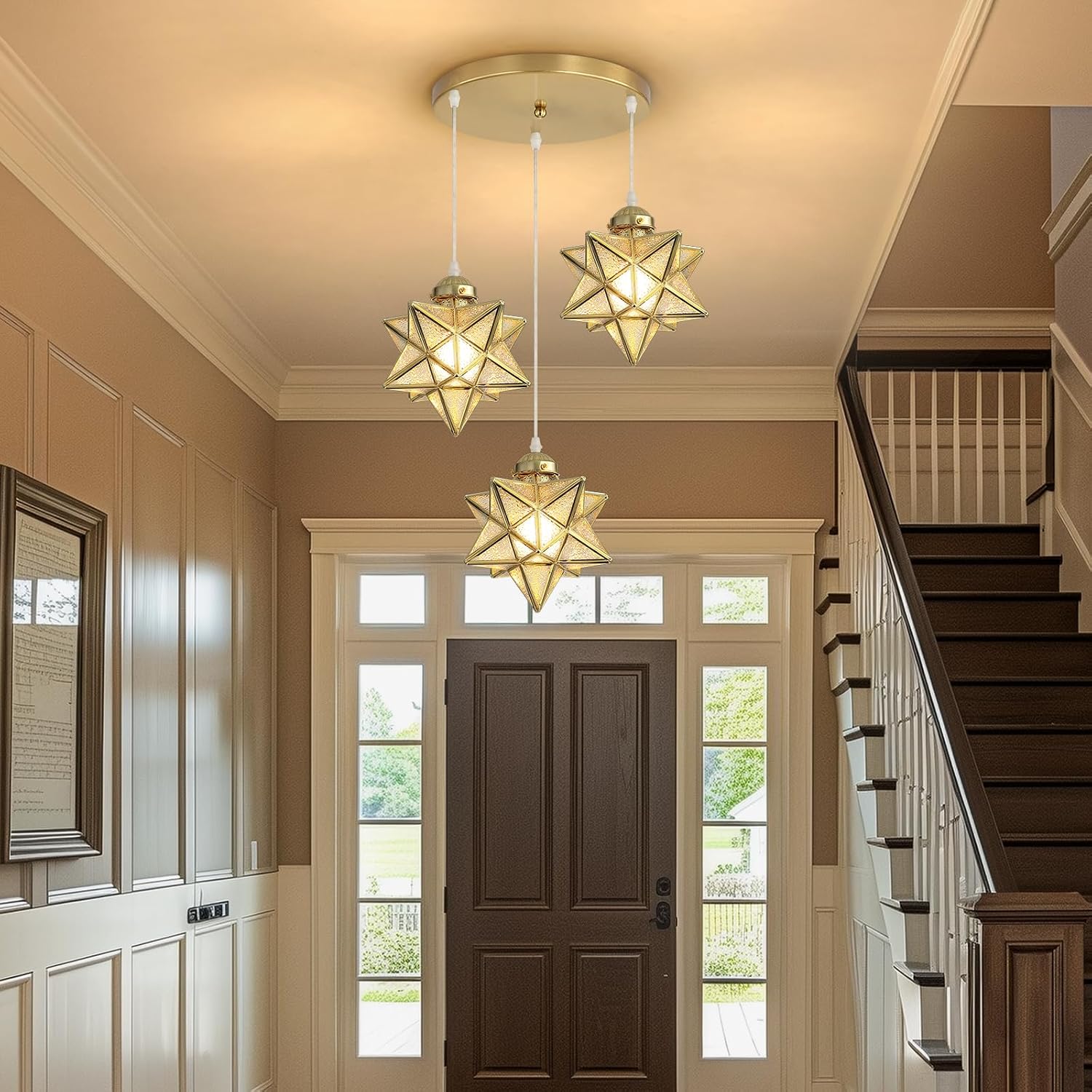 Modern 3-Light Gold Moravian Star Pendant Chandelier with Crystal Glass, Adjustable Ceiling Light