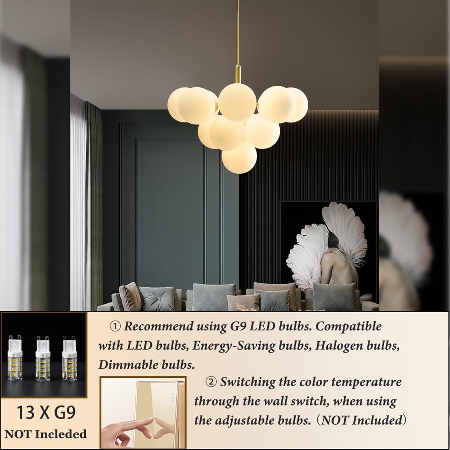 Modern Gold Bubble Chandelier 13-Light G9 Globe Pendant Light Adjustable Ceiling Fixture