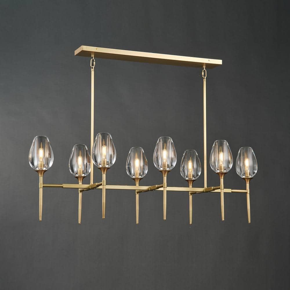 Modern Linear 8-Light Gold Chandelier Adjustable Height Kitchen Island Pendant Light for Dining Room Living Room