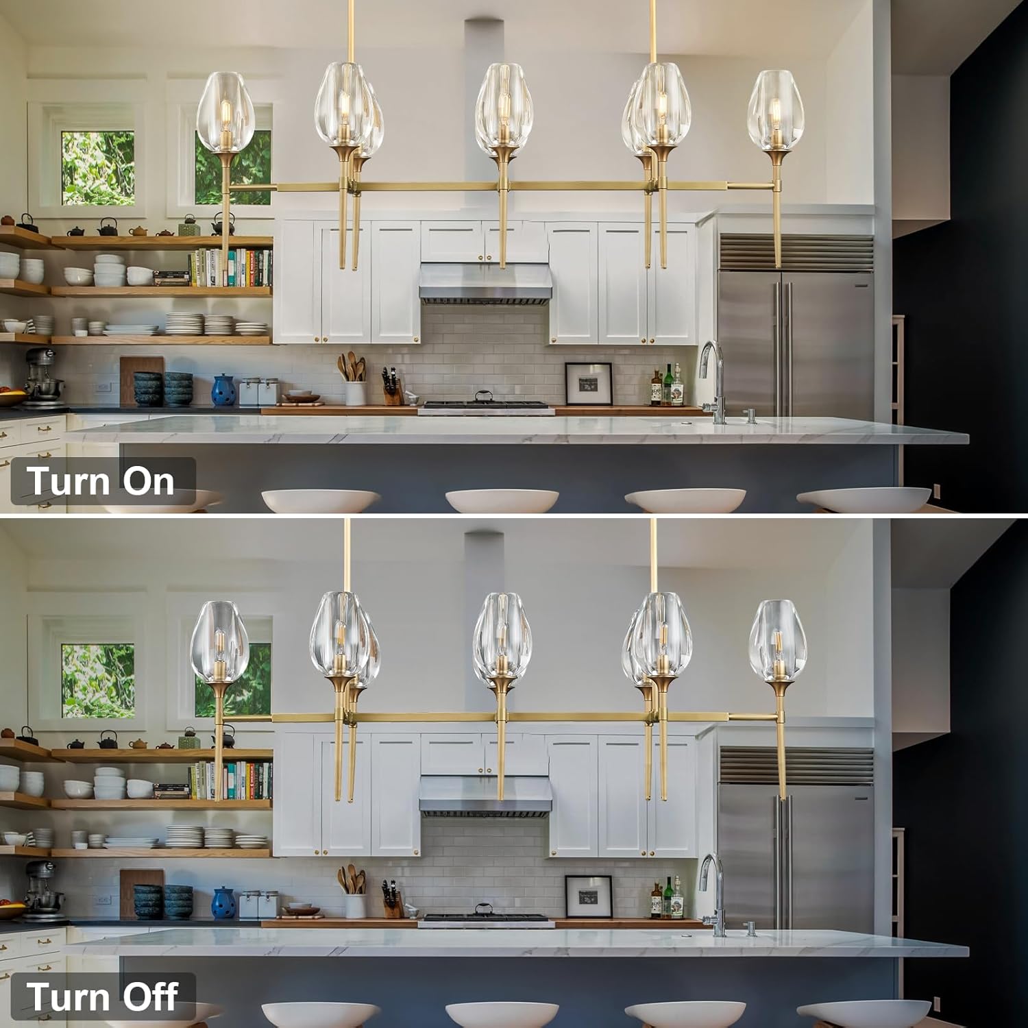 Modern Linear 8-Light Gold Chandelier Adjustable Height Kitchen Island Pendant Light for Dining Room Living Room