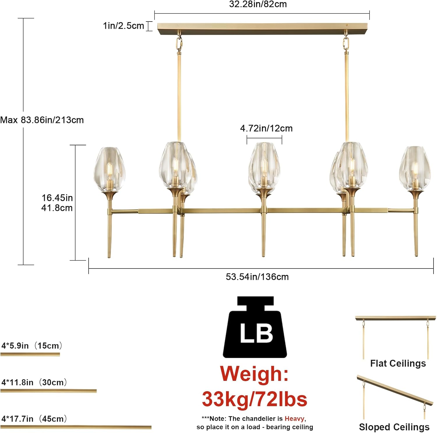 Modern Linear 8-Light Gold Chandelier Adjustable Height Kitchen Island Pendant Light for Dining Room Living Room