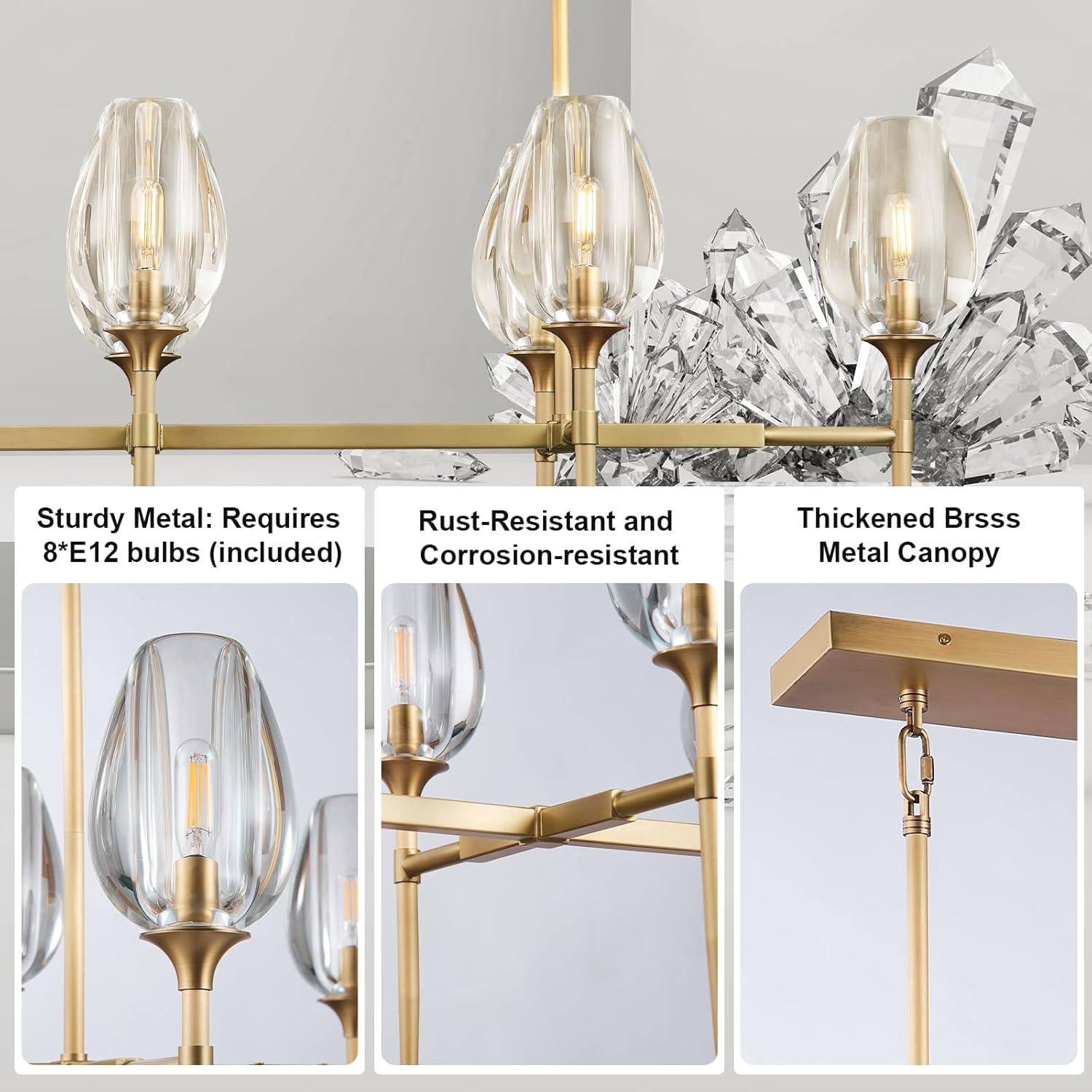 Modern Linear 8-Light Gold Chandelier Adjustable Height Kitchen Island Pendant Light for Dining Room Living Room