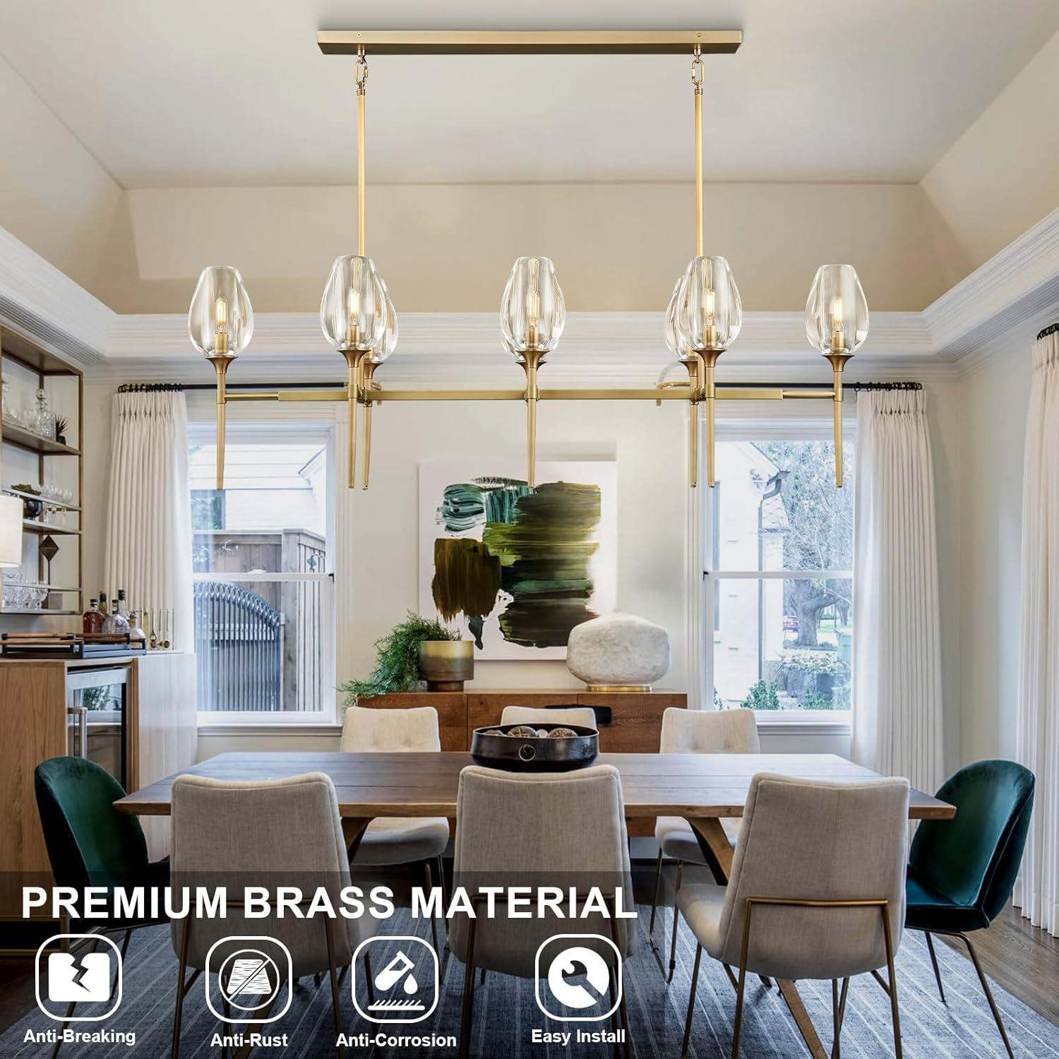 Modern Linear 8-Light Gold Chandelier Adjustable Height Kitchen Island Pendant Light for Dining Room Living Room