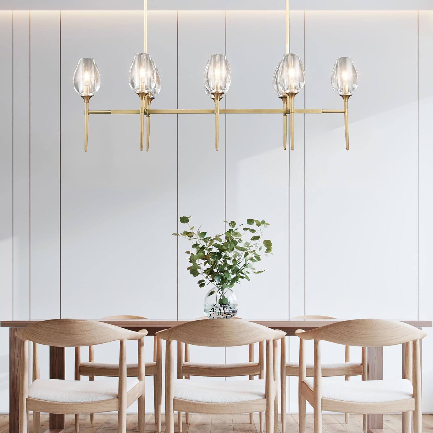 Modern Linear 8-Light Gold Chandelier Adjustable Height Kitchen Island Pendant Light for Dining Room Living Room