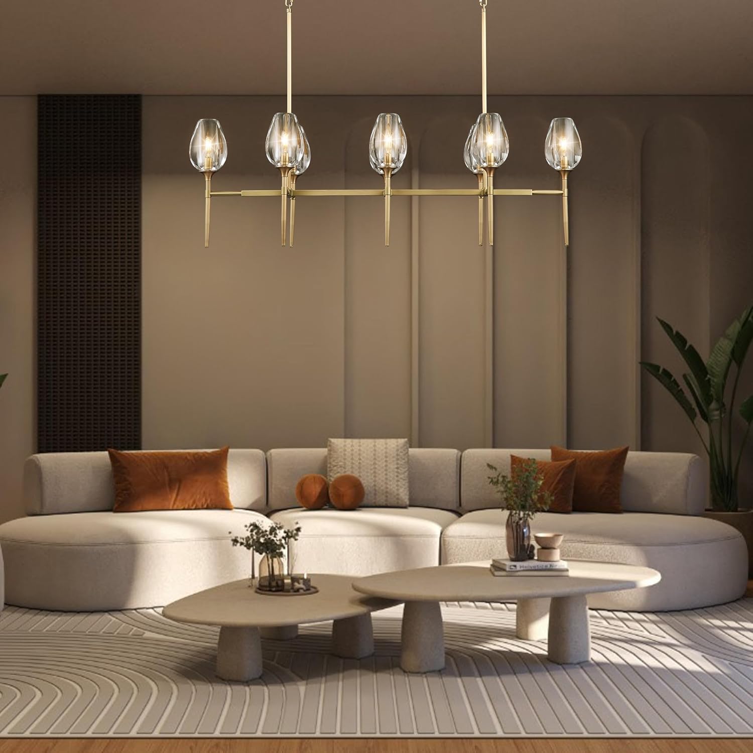Modern Linear 8-Light Gold Chandelier Adjustable Height Kitchen Island Pendant Light for Dining Room Living Room