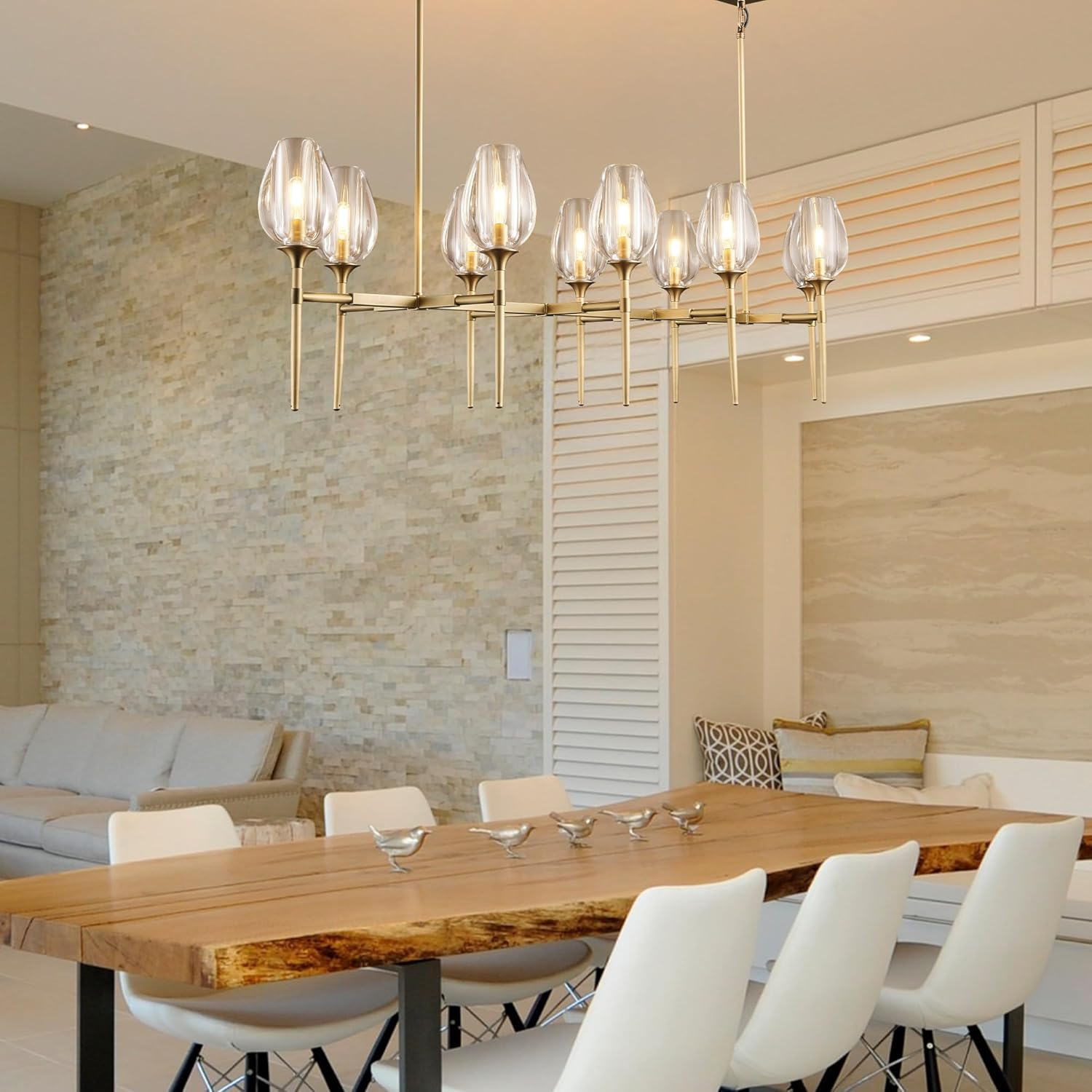 Modern Linear 8-Light Gold Chandelier Adjustable Height Kitchen Island Pendant Light for Dining Room Living Room