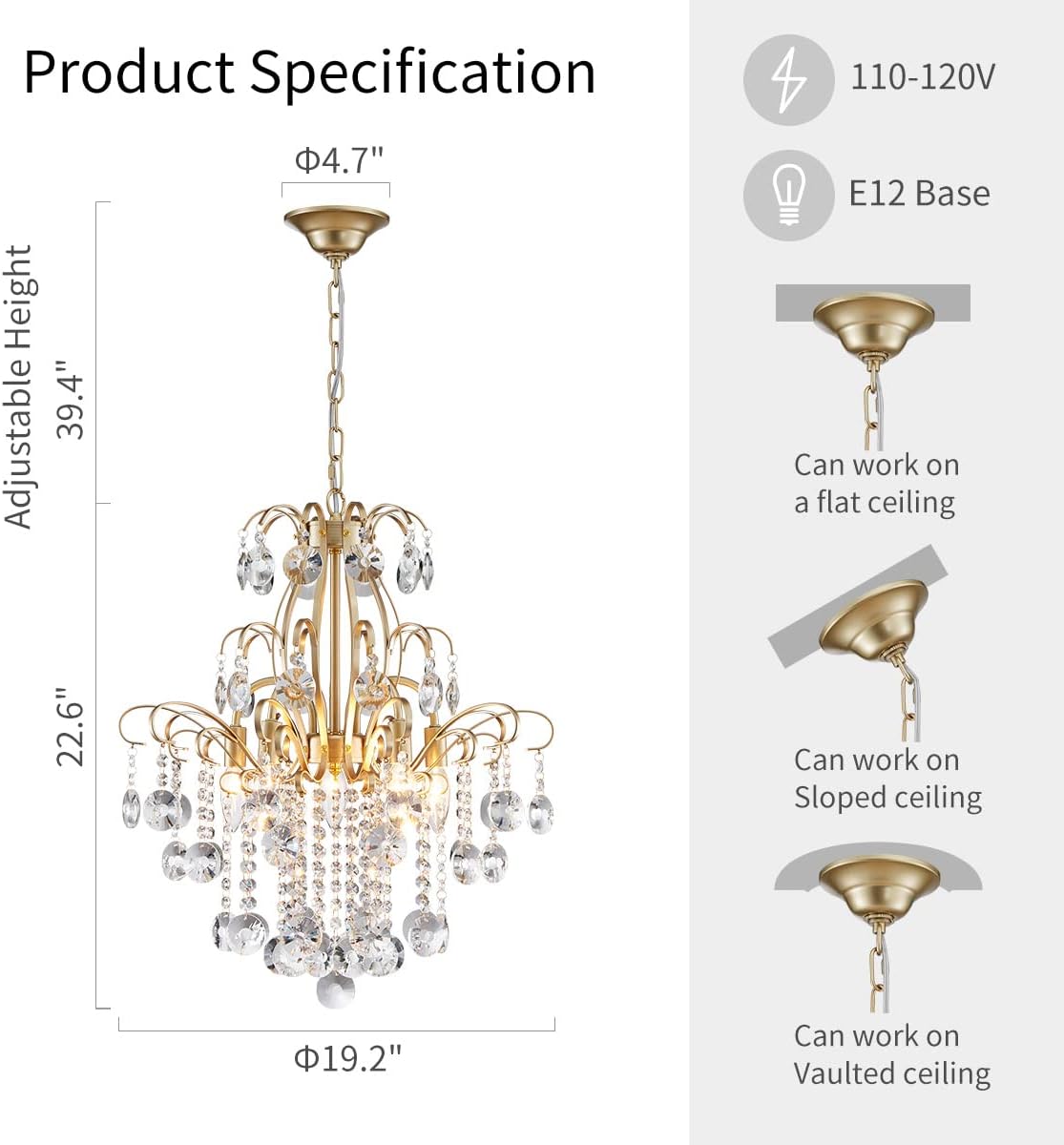 Gold Crystal Chandelier 6-Light Luxury Pendant Ceiling Light Adjustable Chain Modern Elegant Lighting Fixture