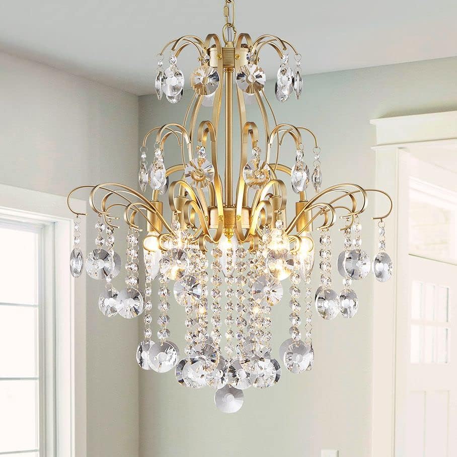 Gold Crystal Chandelier 6-Light Luxury Pendant Ceiling Light Adjustable Chain Modern Elegant Lighting Fixture