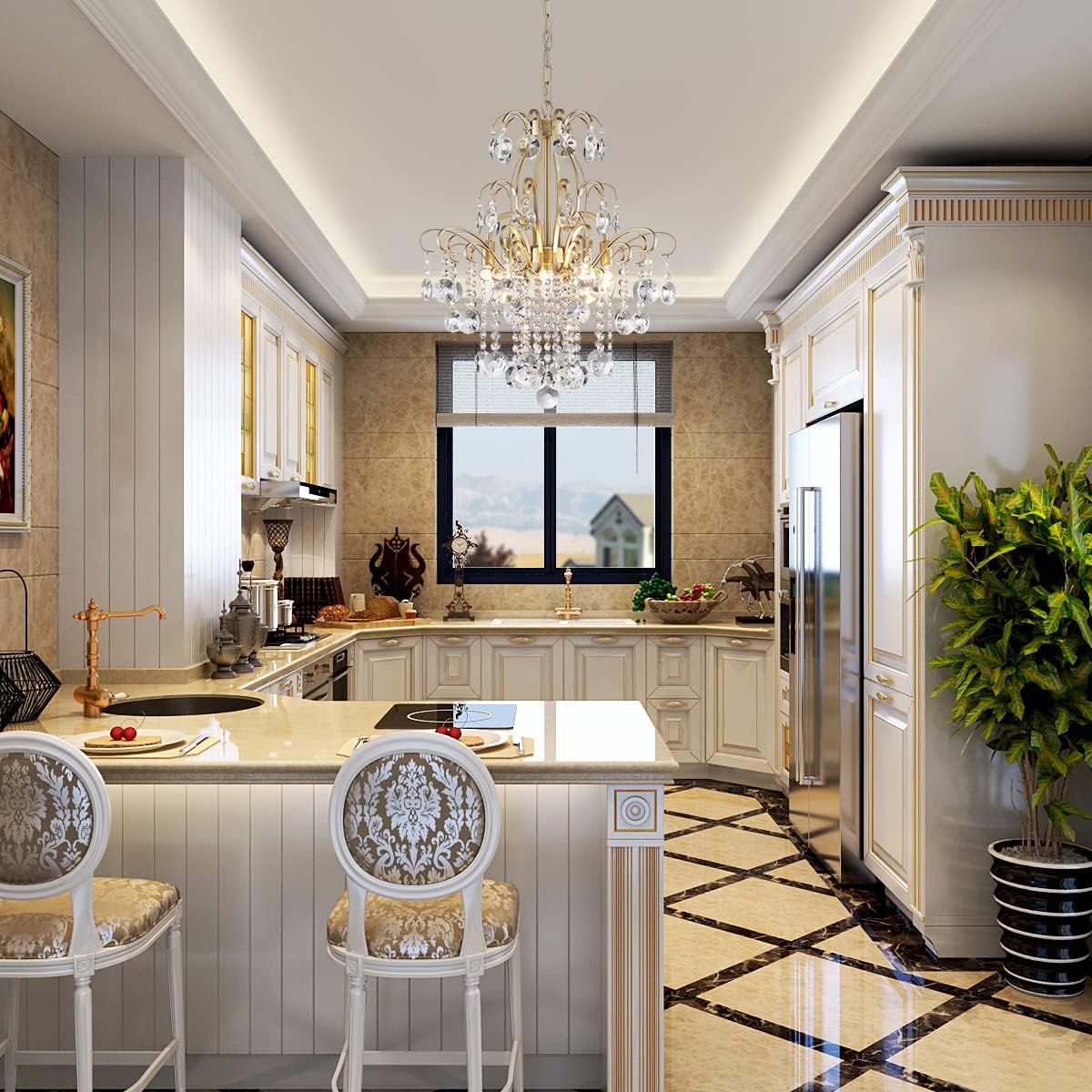 Gold Crystal Chandelier 6-Light Luxury Pendant Ceiling Light Adjustable Chain Modern Elegant Lighting Fixture