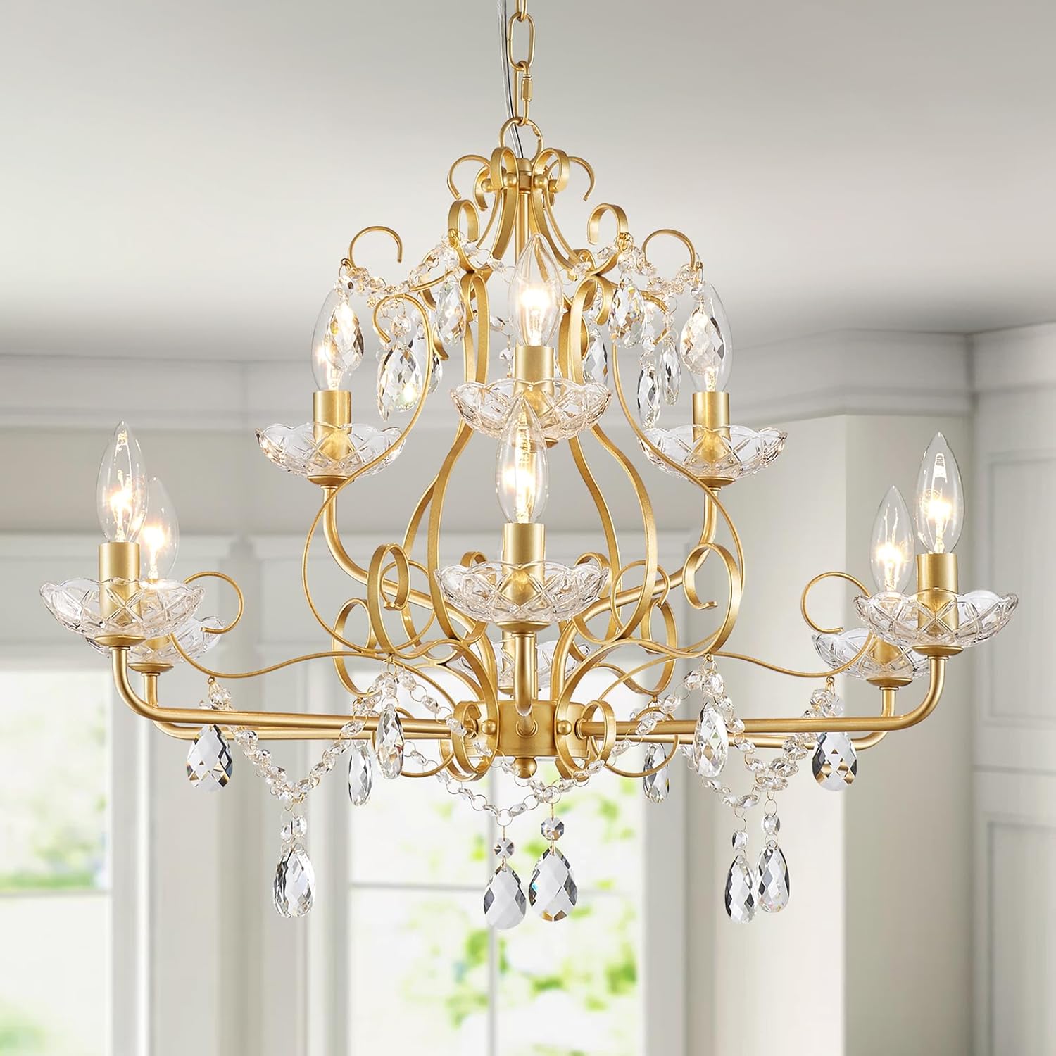 Gold Crystal Chandelier 9-Light Luxury Pendant Ceiling Light Adjustable Chain Elegant Dining Room Lighting Fixture