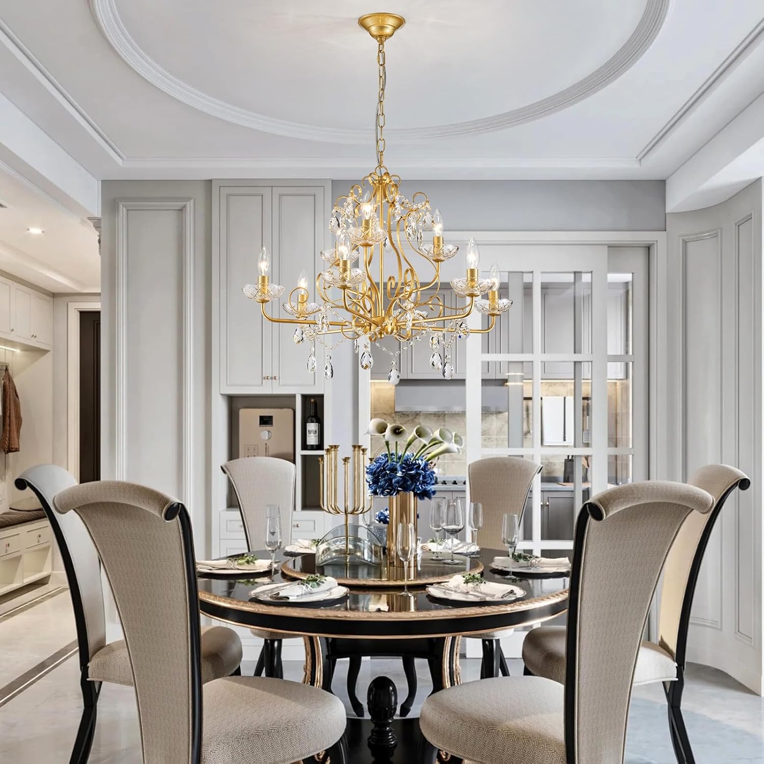 Gold Crystal Chandelier 9-Light Luxury Pendant Ceiling Light Adjustable Chain Elegant Dining Room Lighting Fixture