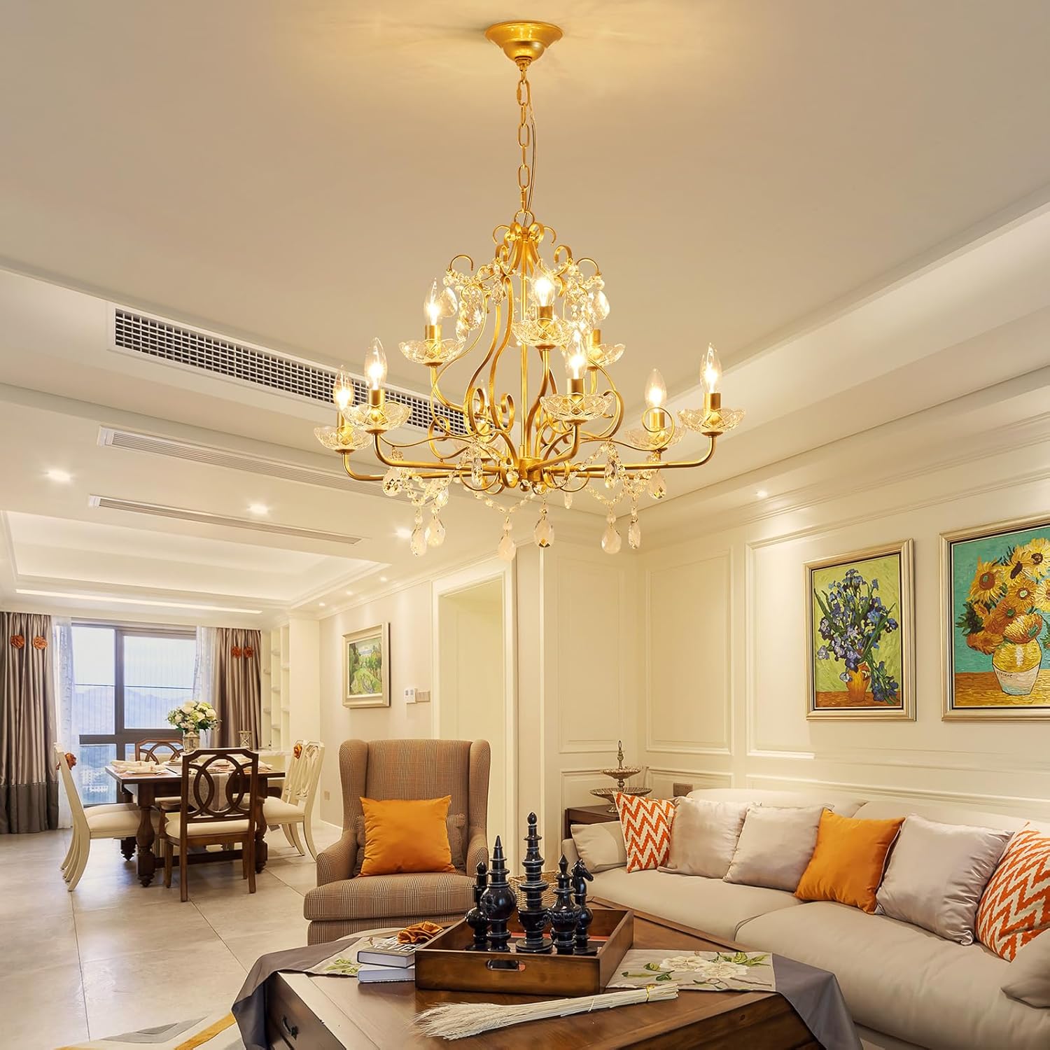 Gold Crystal Chandelier 9-Light Luxury Pendant Ceiling Light Adjustable Chain Elegant Dining Room Lighting Fixture