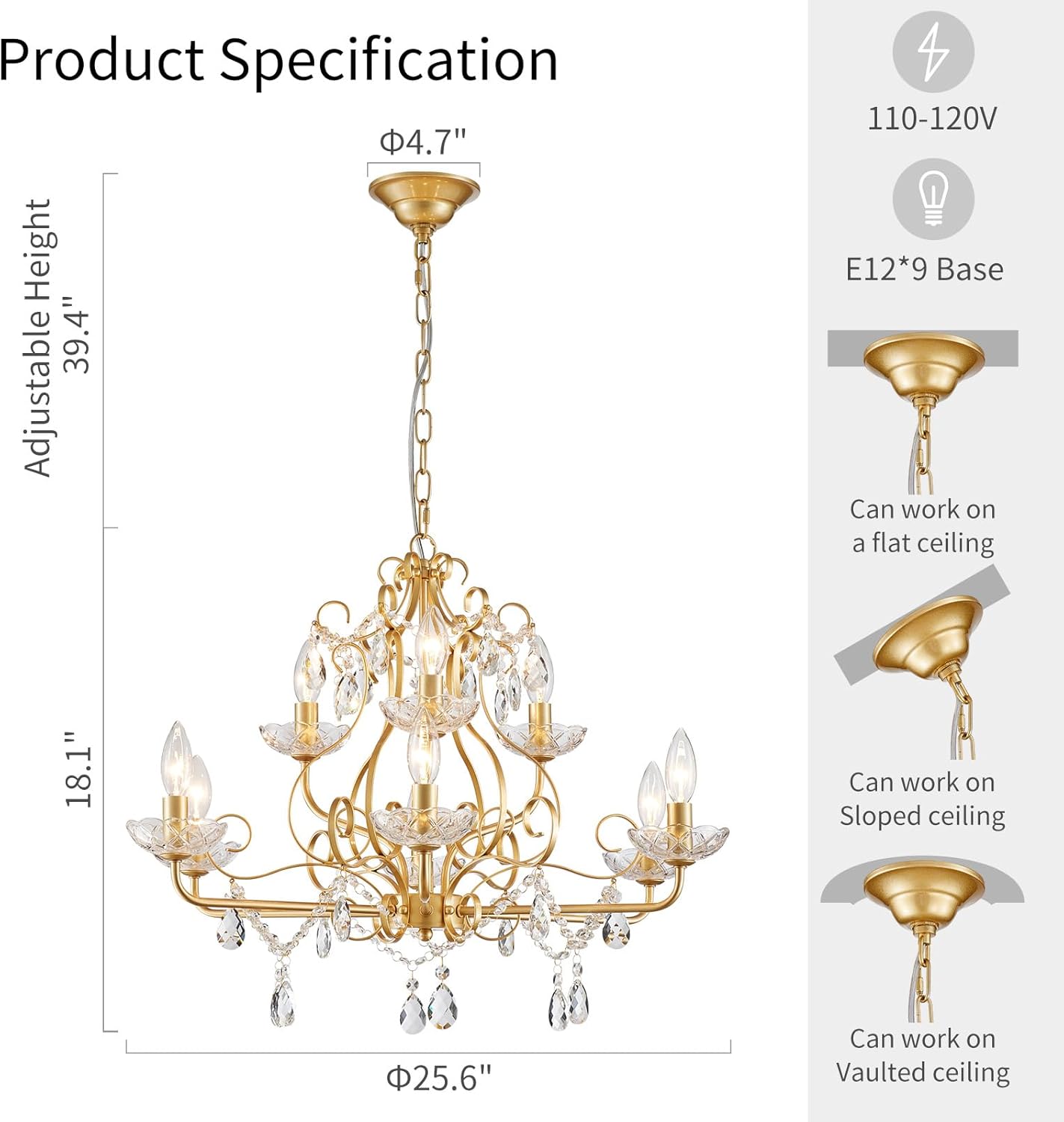 Gold Crystal Chandelier 9-Light Luxury Pendant Ceiling Light Adjustable Chain Elegant Dining Room Lighting Fixture