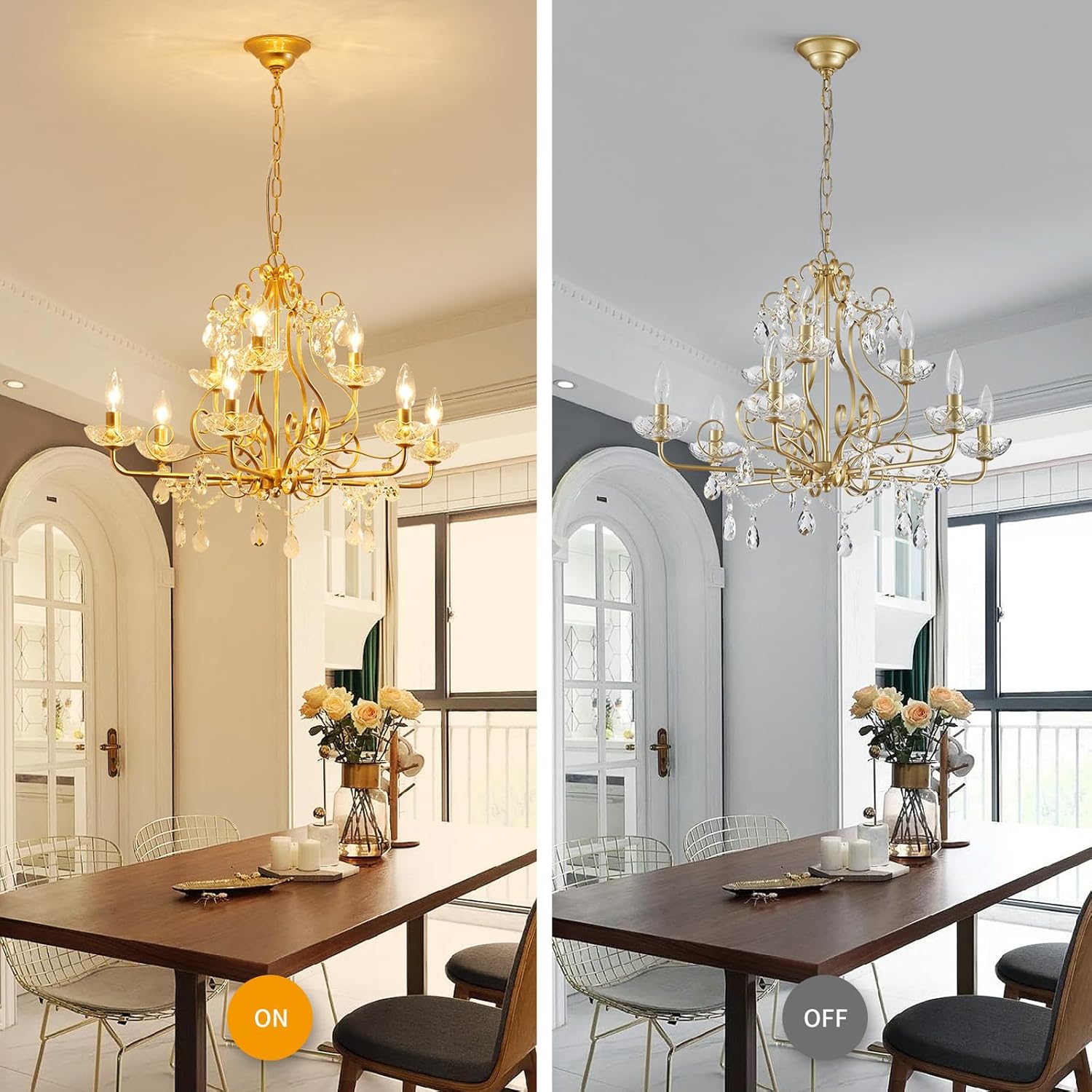 Gold Crystal Chandelier 9-Light Luxury Pendant Ceiling Light Adjustable Chain Elegant Dining Room Lighting Fixture