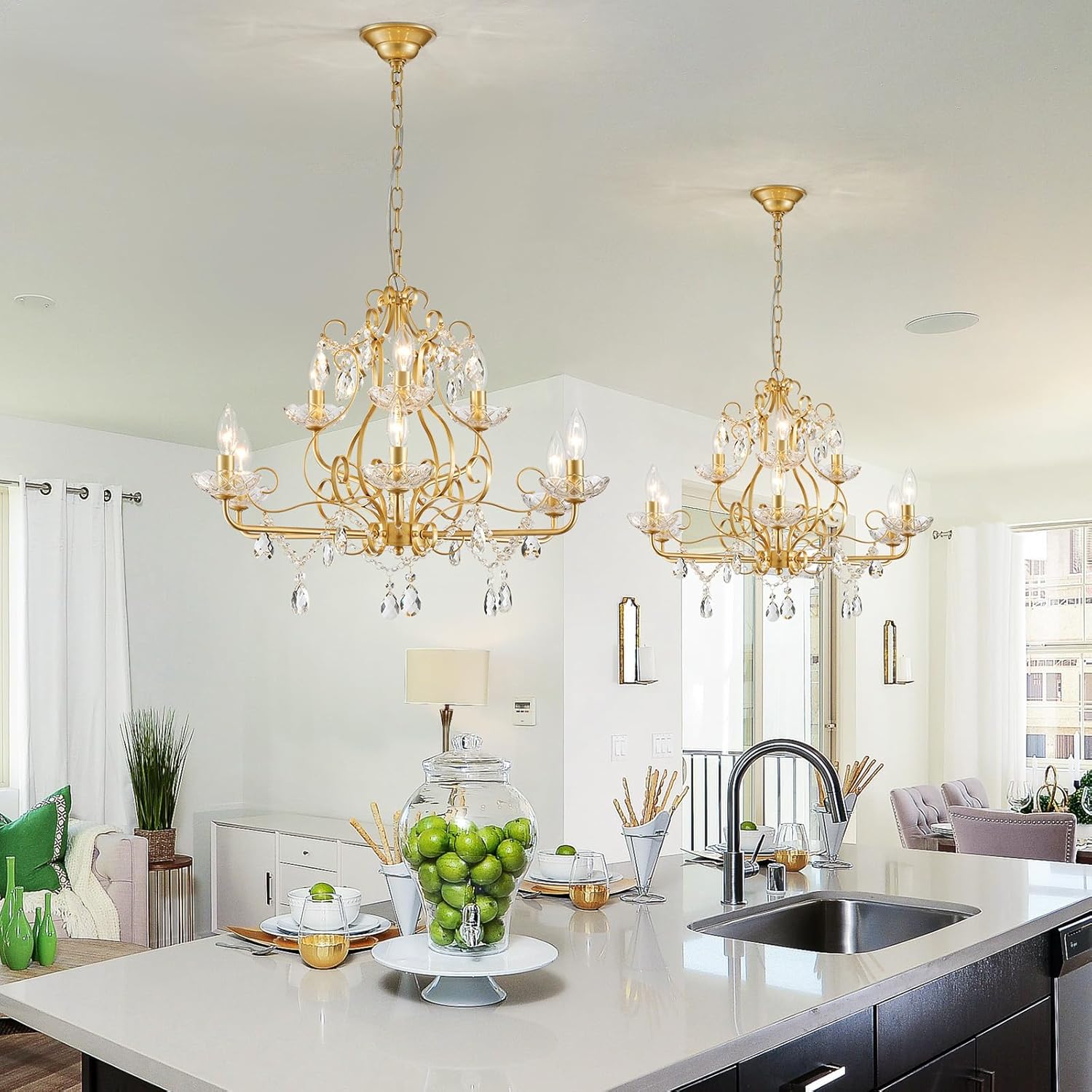 Gold Crystal Chandelier 9-Light Luxury Pendant Ceiling Light Adjustable Chain Elegant Dining Room Lighting Fixture