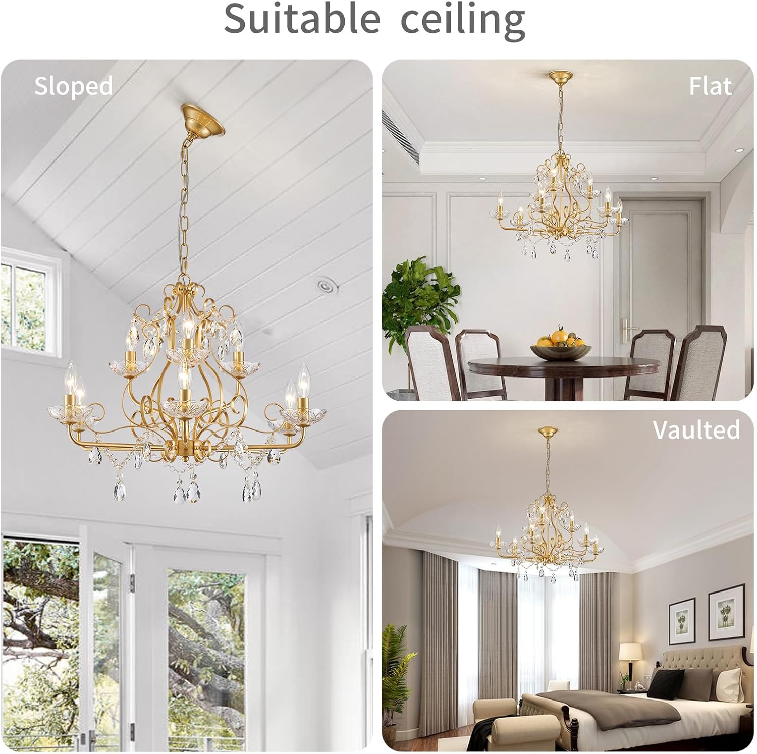 Gold Crystal Chandelier 9-Light Luxury Pendant Ceiling Light Adjustable Chain Elegant Dining Room Lighting Fixture