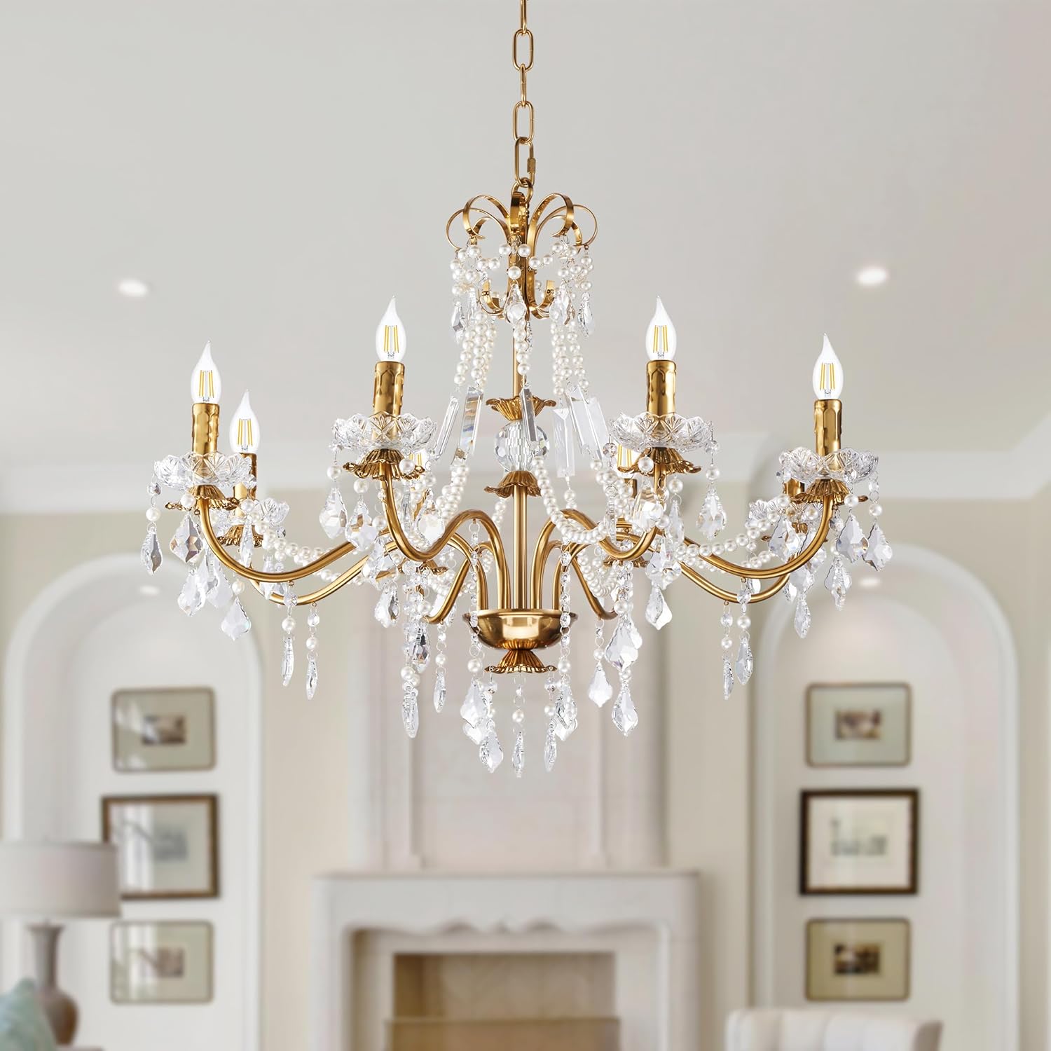 Luxury Gold Crystal Chandelier 8-Light Adjustable Pendant Lighting Fixture for Living Room Dining Room Bedroom