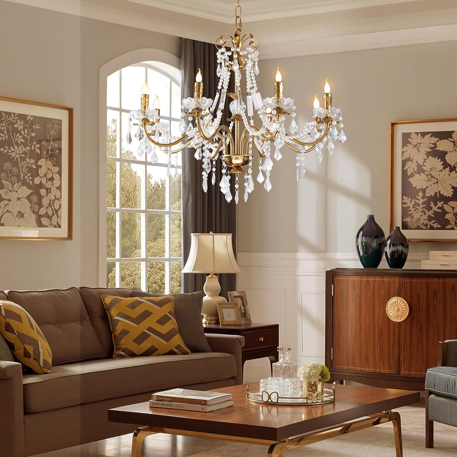 Luxury Gold Crystal Chandelier 8-Light Adjustable Pendant Lighting Fixture for Living Room Dining Room Bedroom