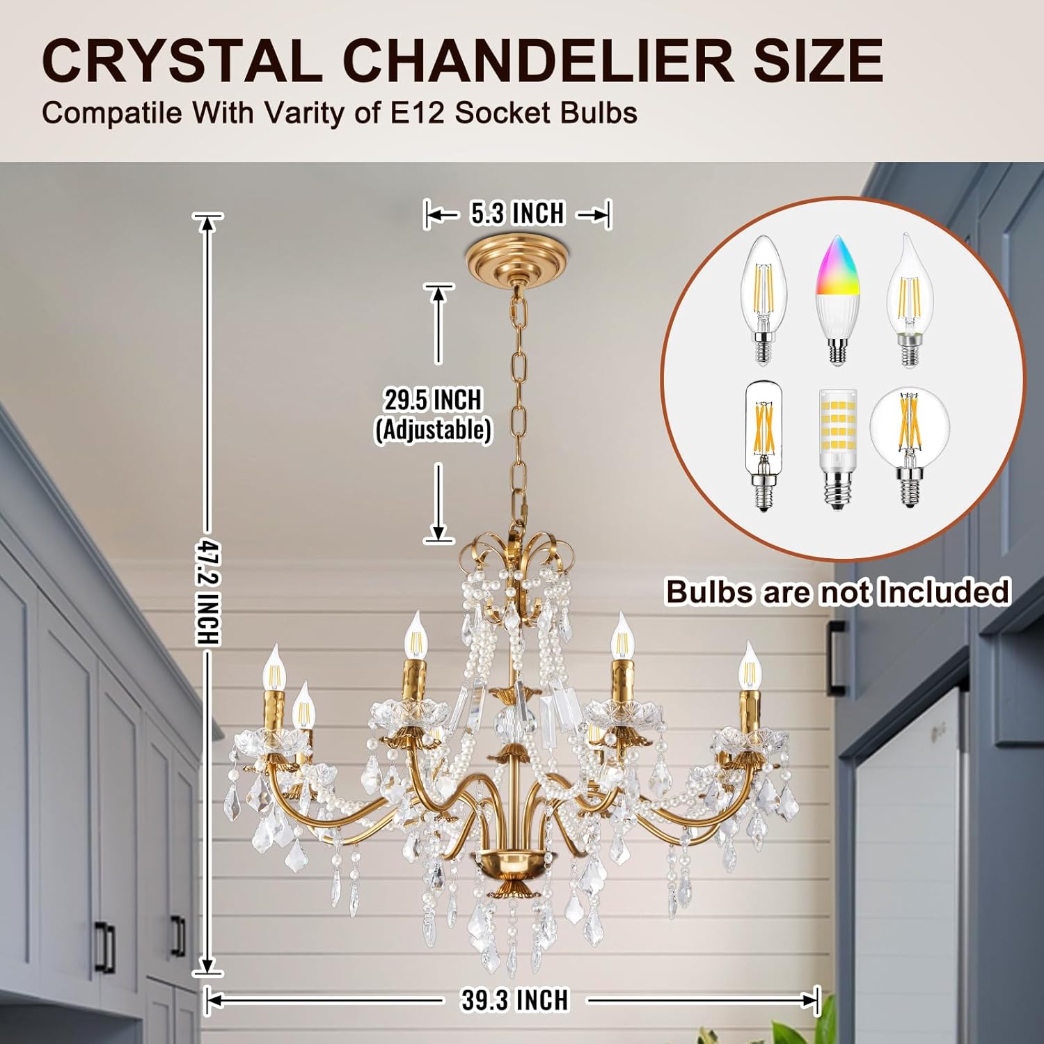 Luxury Gold Crystal Chandelier 8-Light Adjustable Pendant Lighting Fixture for Living Room Dining Room Bedroom