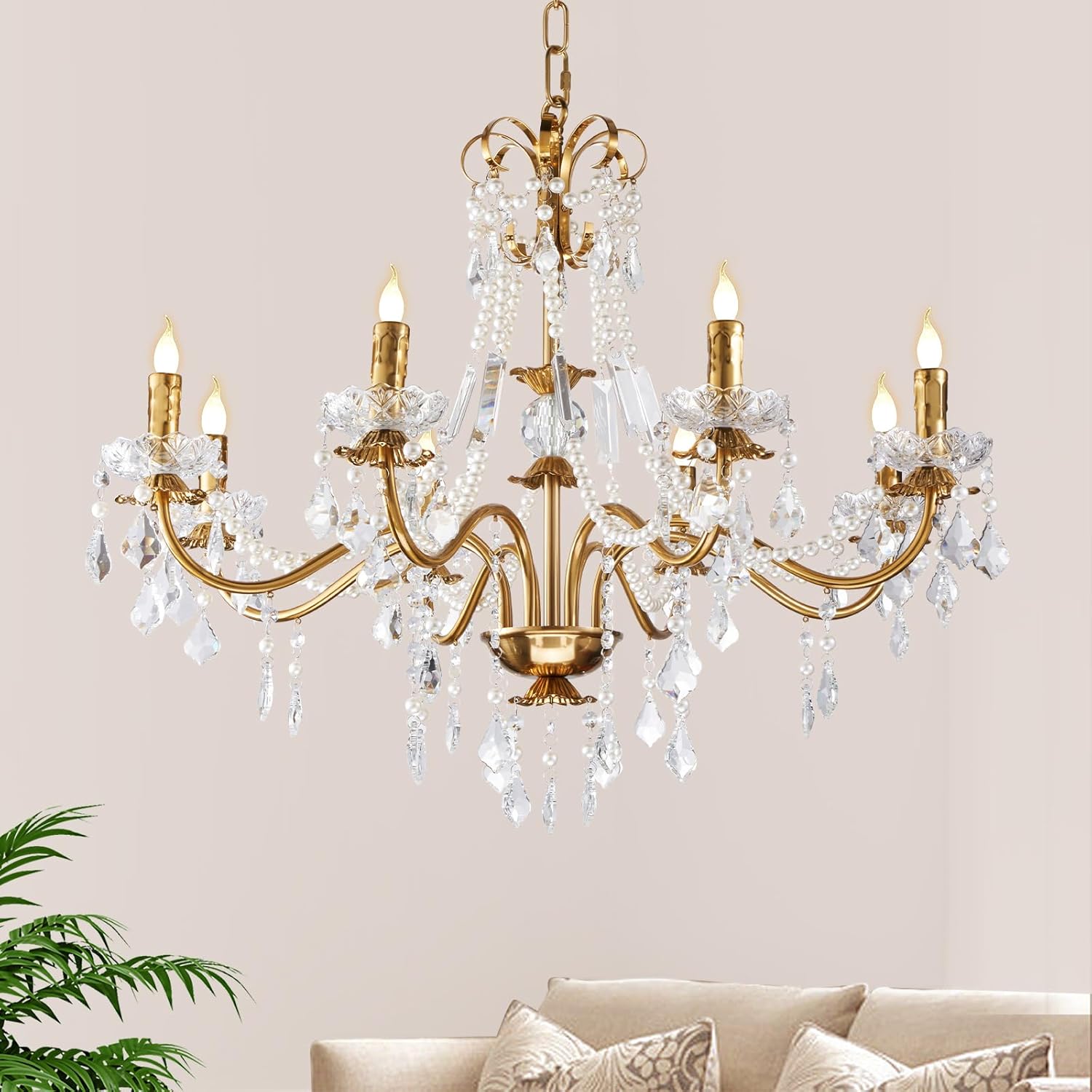 Luxury Gold Crystal Chandelier 8-Light Adjustable Pendant Lighting Fixture for Living Room Dining Room Bedroom