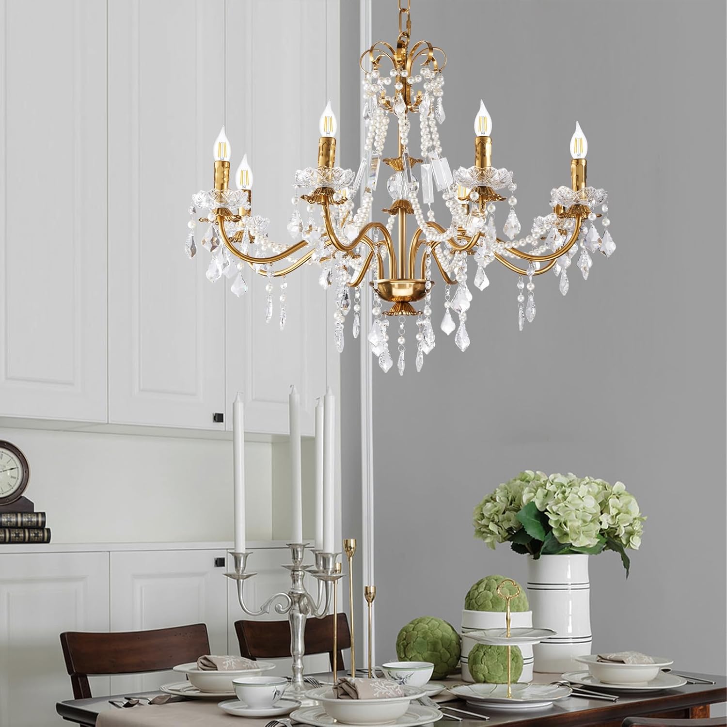 Luxury Gold Crystal Chandelier 8-Light Adjustable Pendant Lighting Fixture for Living Room Dining Room Bedroom