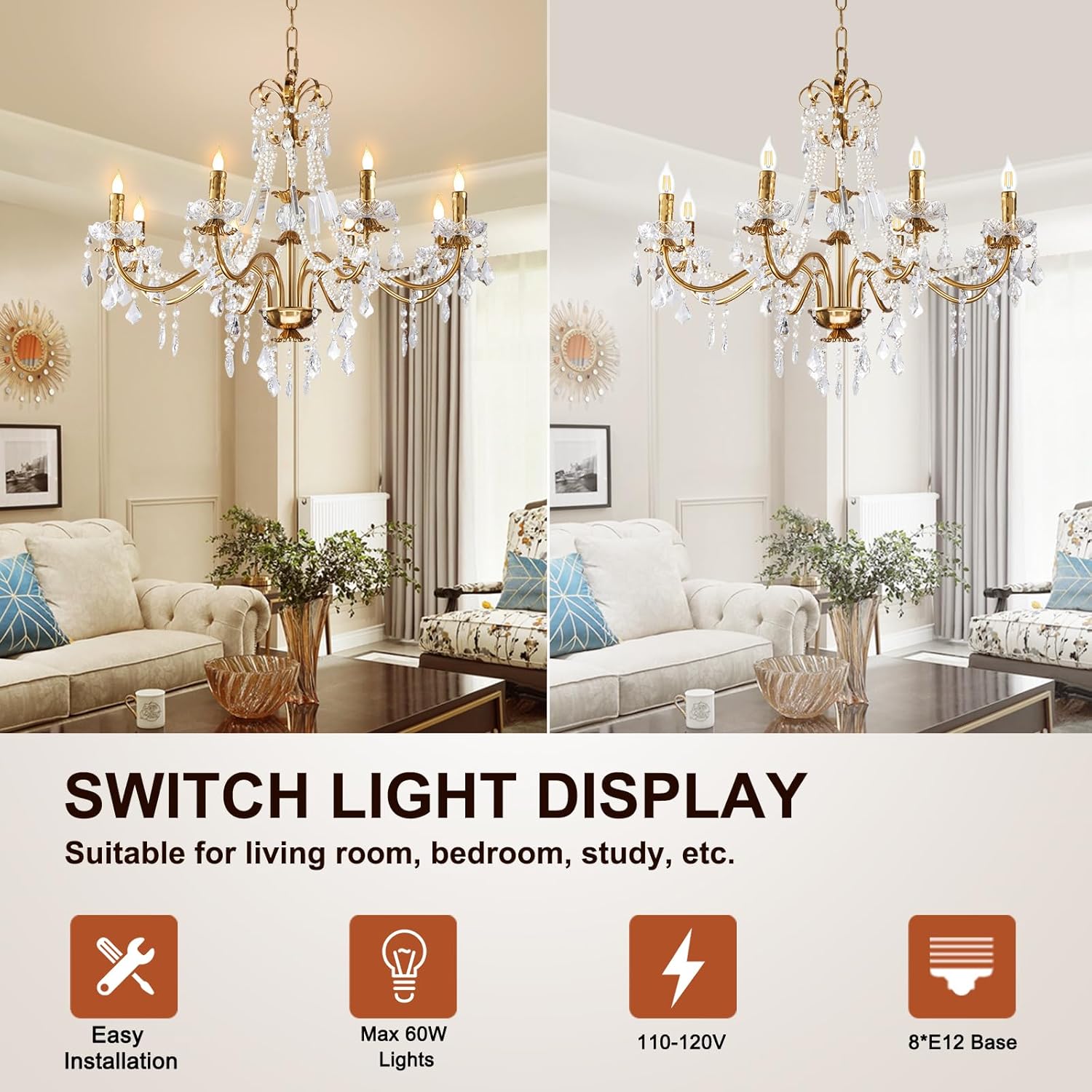 Luxury Gold Crystal Chandelier 8-Light Adjustable Pendant Lighting Fixture for Living Room Dining Room Bedroom