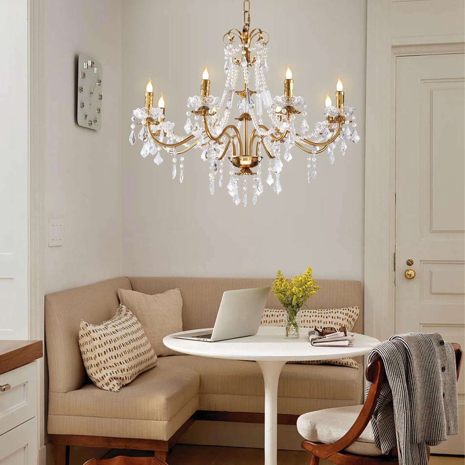 Luxury Gold Crystal Chandelier 8-Light Adjustable Pendant Lighting Fixture for Living Room Dining Room Bedroom