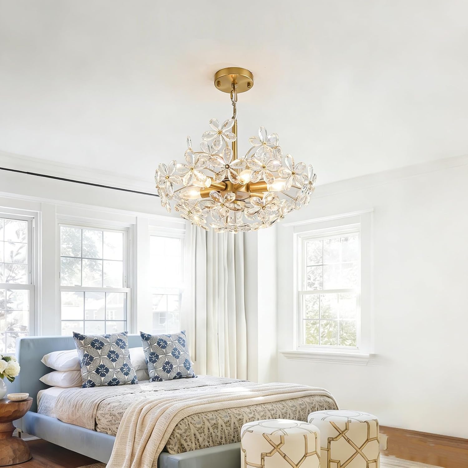 Modern Gold Flower Crystal Chandelier Pendant Light Adjustable Luxury Ceiling Lighting Fixture for Bedroom Dining Room