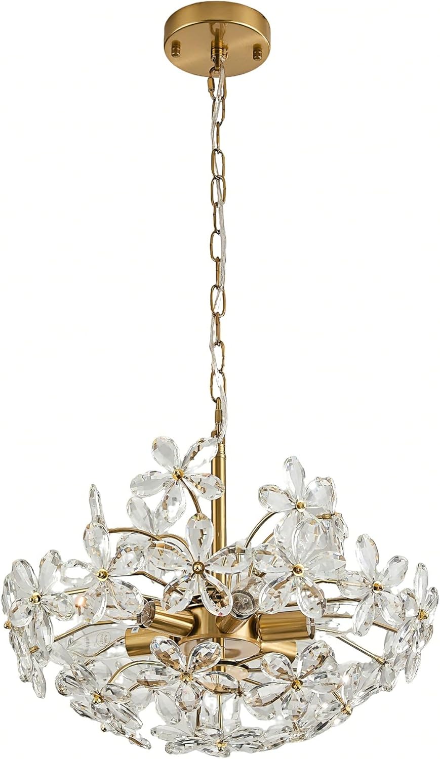 Modern Gold Flower Crystal Chandelier Pendant Light Adjustable Luxury Ceiling Lighting Fixture for Bedroom Dining Room