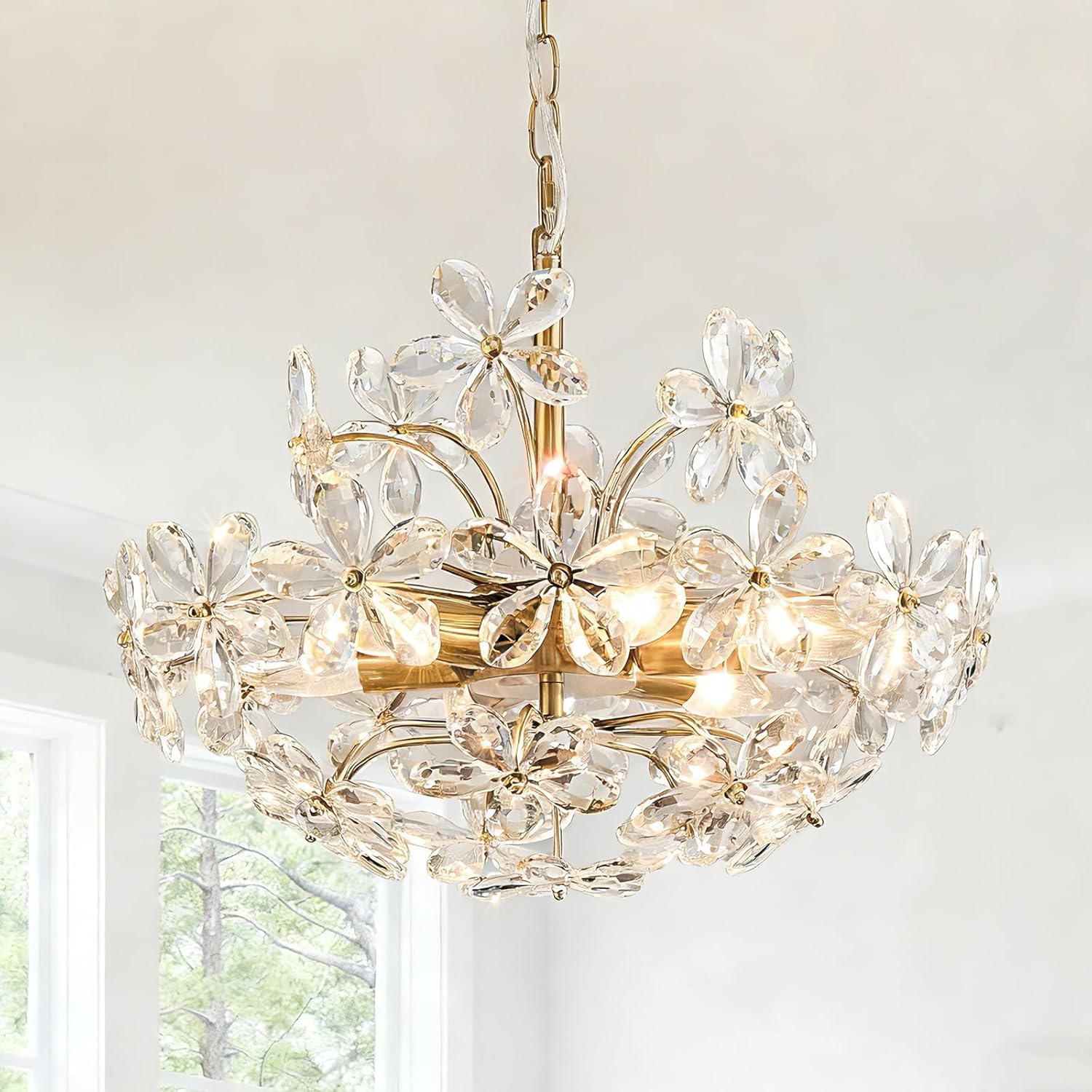 Modern Gold Flower Crystal Chandelier Pendant Light Adjustable Luxury Ceiling Lighting Fixture for Bedroom Dining Room