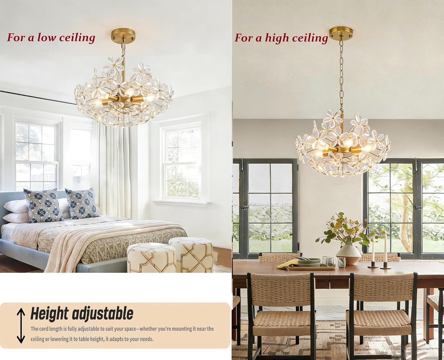 Modern Gold Flower Crystal Chandelier Pendant Light Adjustable Luxury Ceiling Lighting Fixture for Bedroom Dining Room