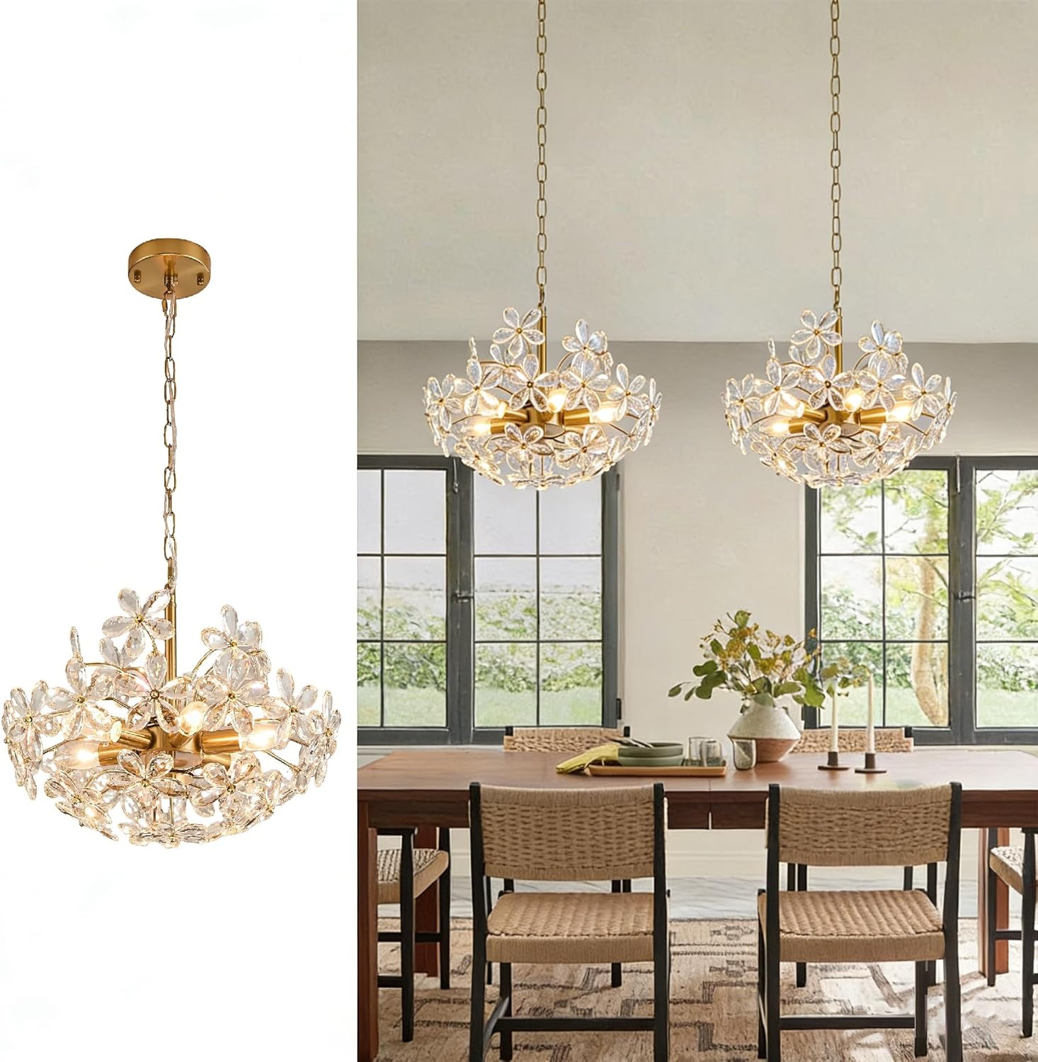 Modern Gold Flower Crystal Chandelier Pendant Light Adjustable Luxury Ceiling Lighting Fixture for Bedroom Dining Room