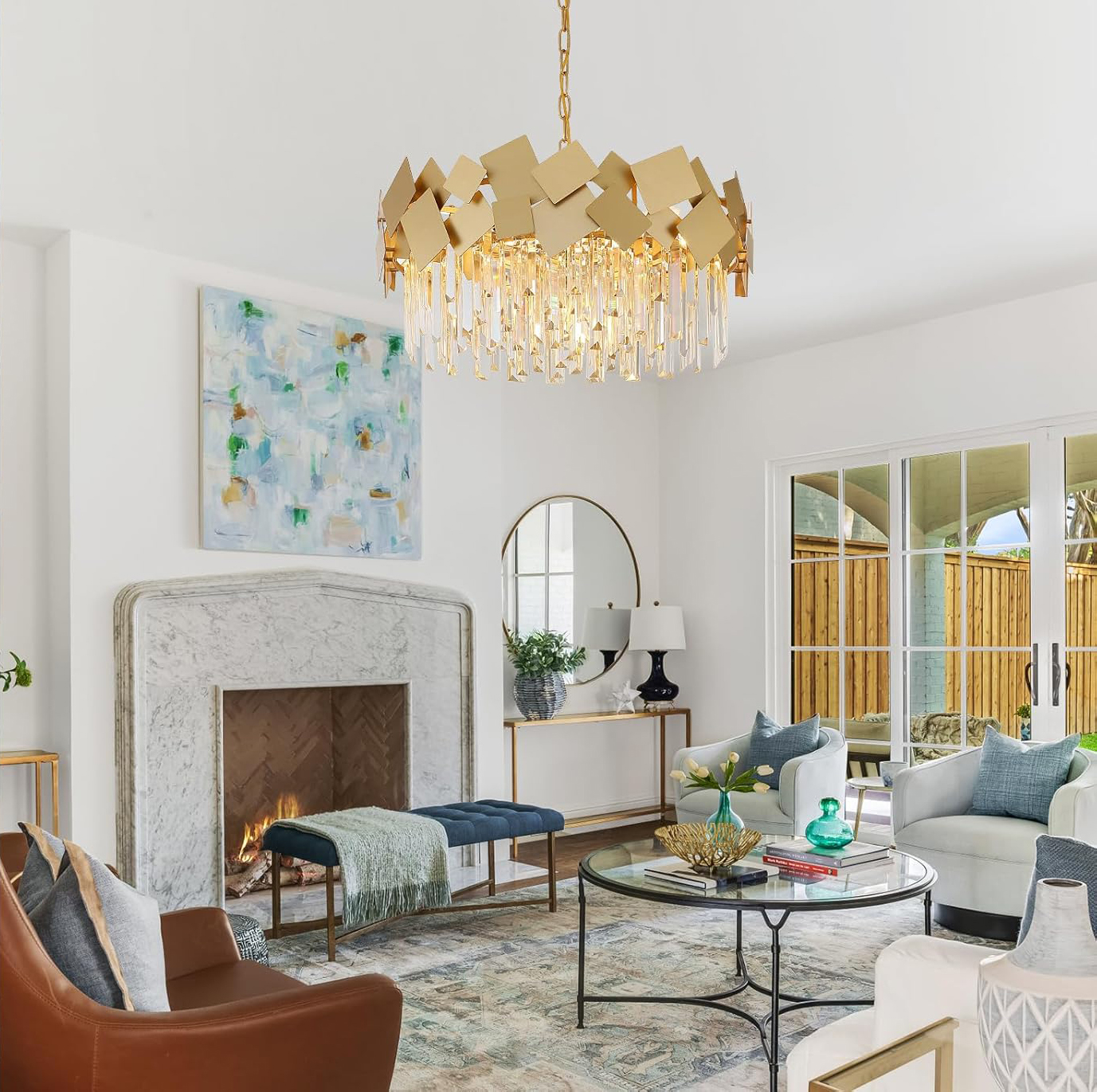 Modern Gold Geometric Crystal Chandelier Adjustable Chain Luxury Ceiling Pendant Light