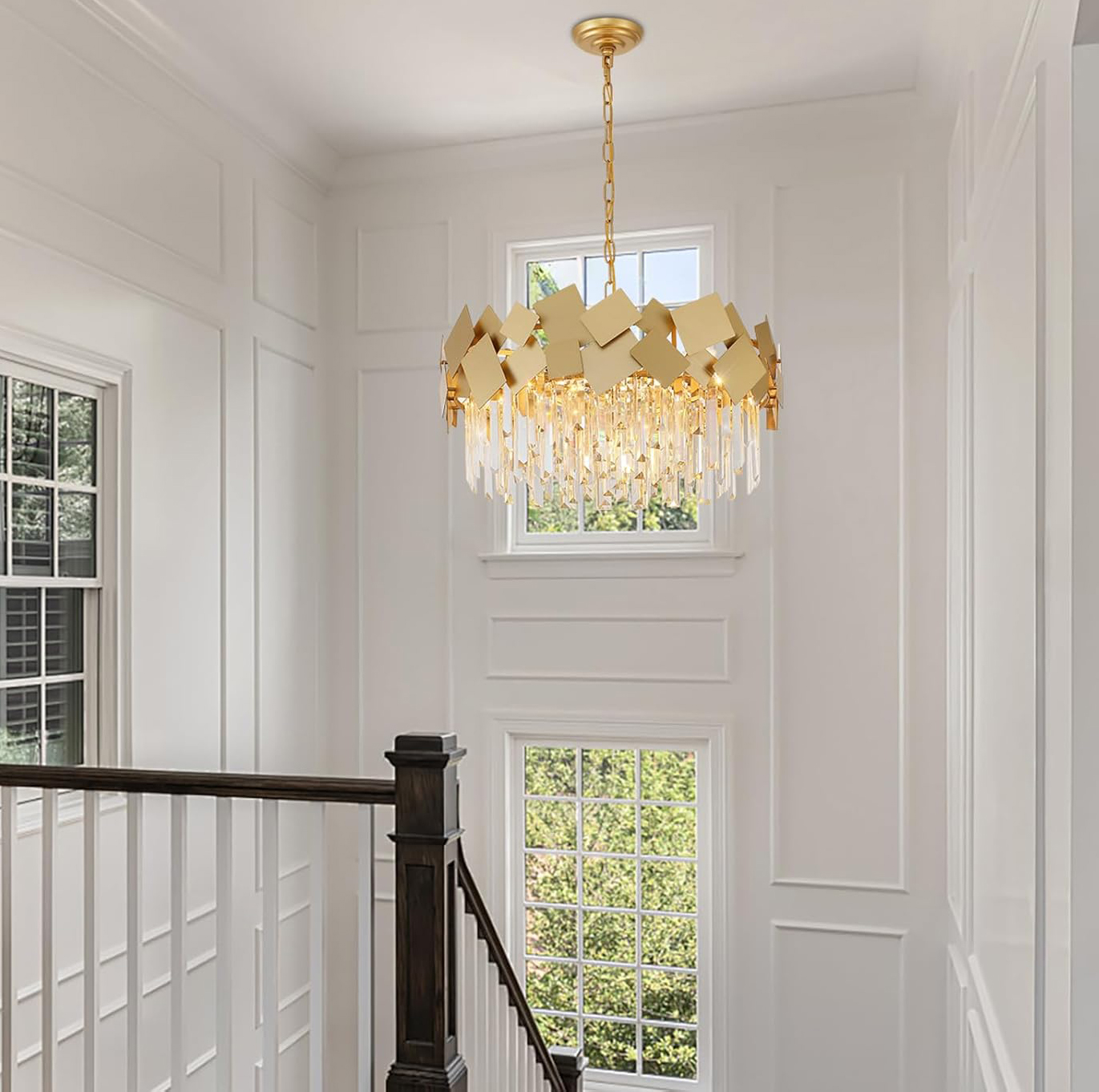 Modern Gold Geometric Crystal Chandelier Adjustable Chain Luxury Ceiling Pendant Light
