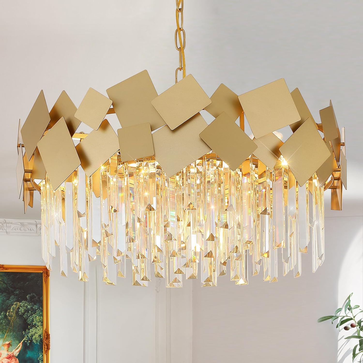 Modern Gold Geometric Crystal Chandelier Adjustable Chain Luxury Ceiling Pendant Light