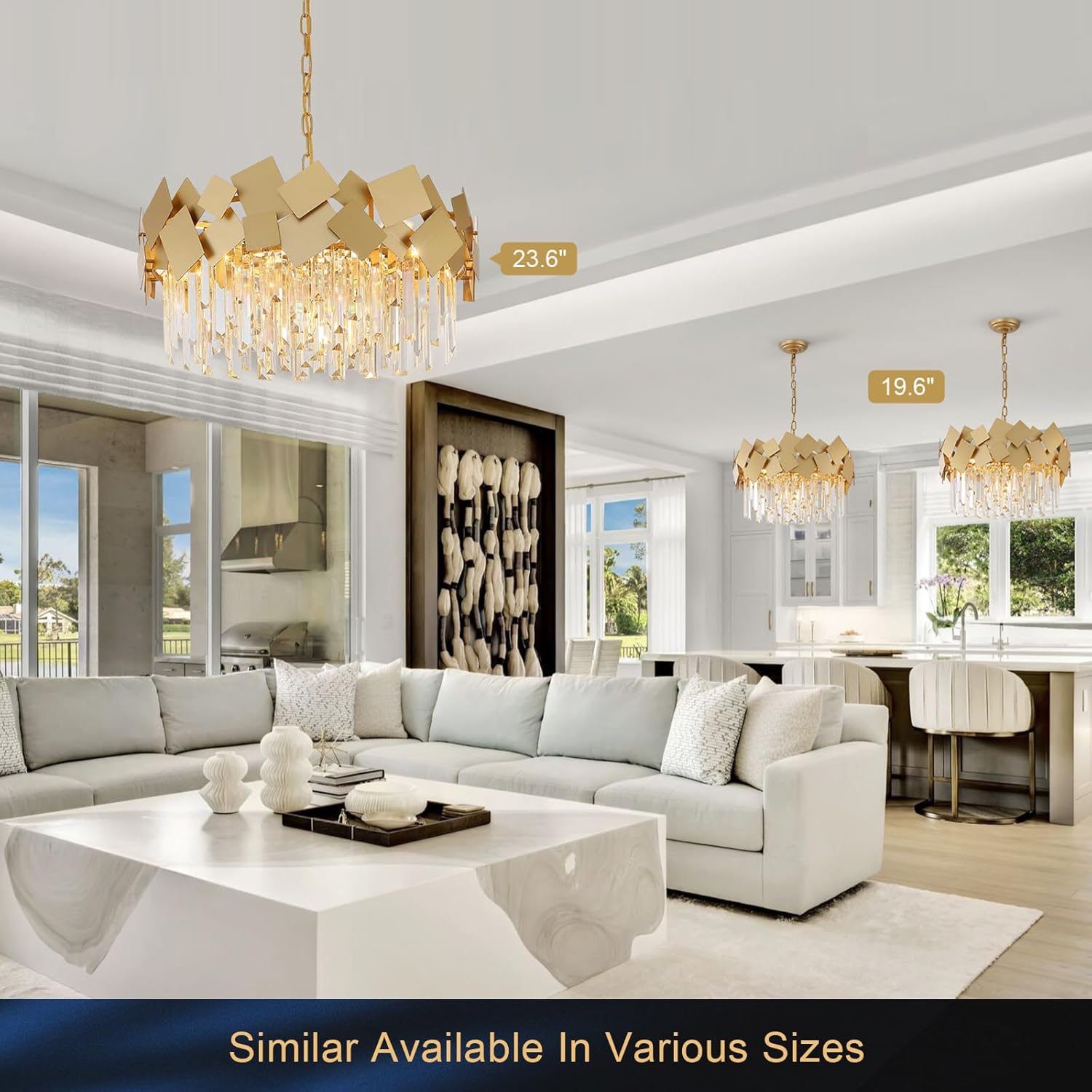 Modern Gold Geometric Crystal Chandelier Adjustable Chain Luxury Ceiling Pendant Light