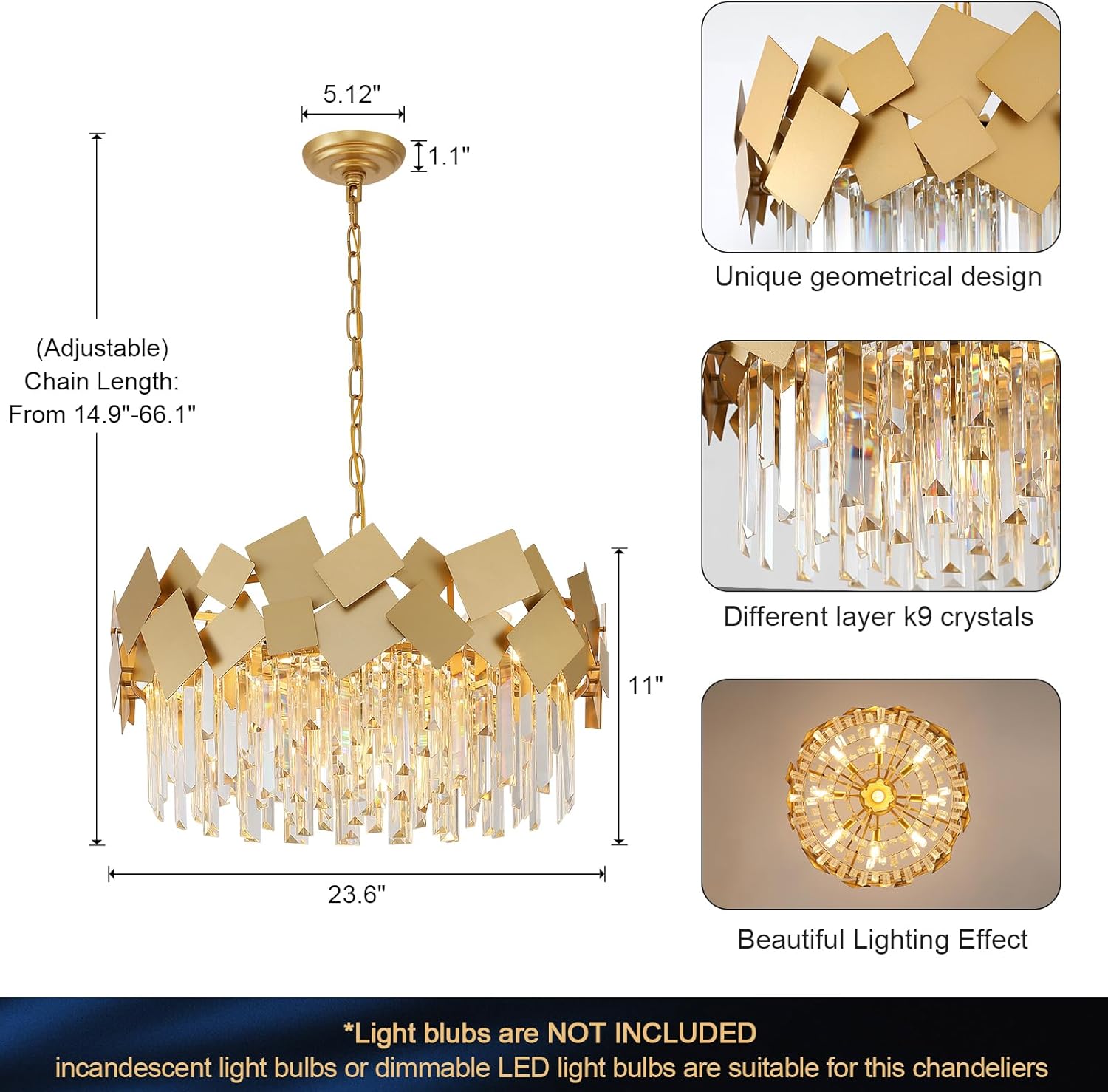 Modern Gold Geometric Crystal Chandelier Adjustable Chain Luxury Ceiling Pendant Light