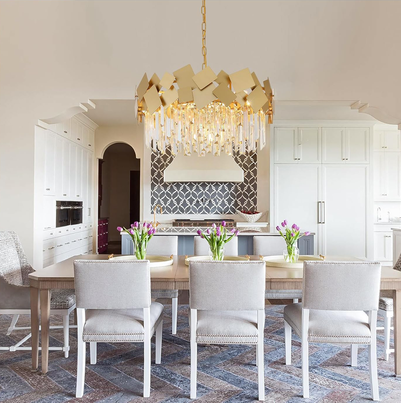 Modern Gold Geometric Crystal Chandelier Adjustable Chain Luxury Ceiling Pendant Light