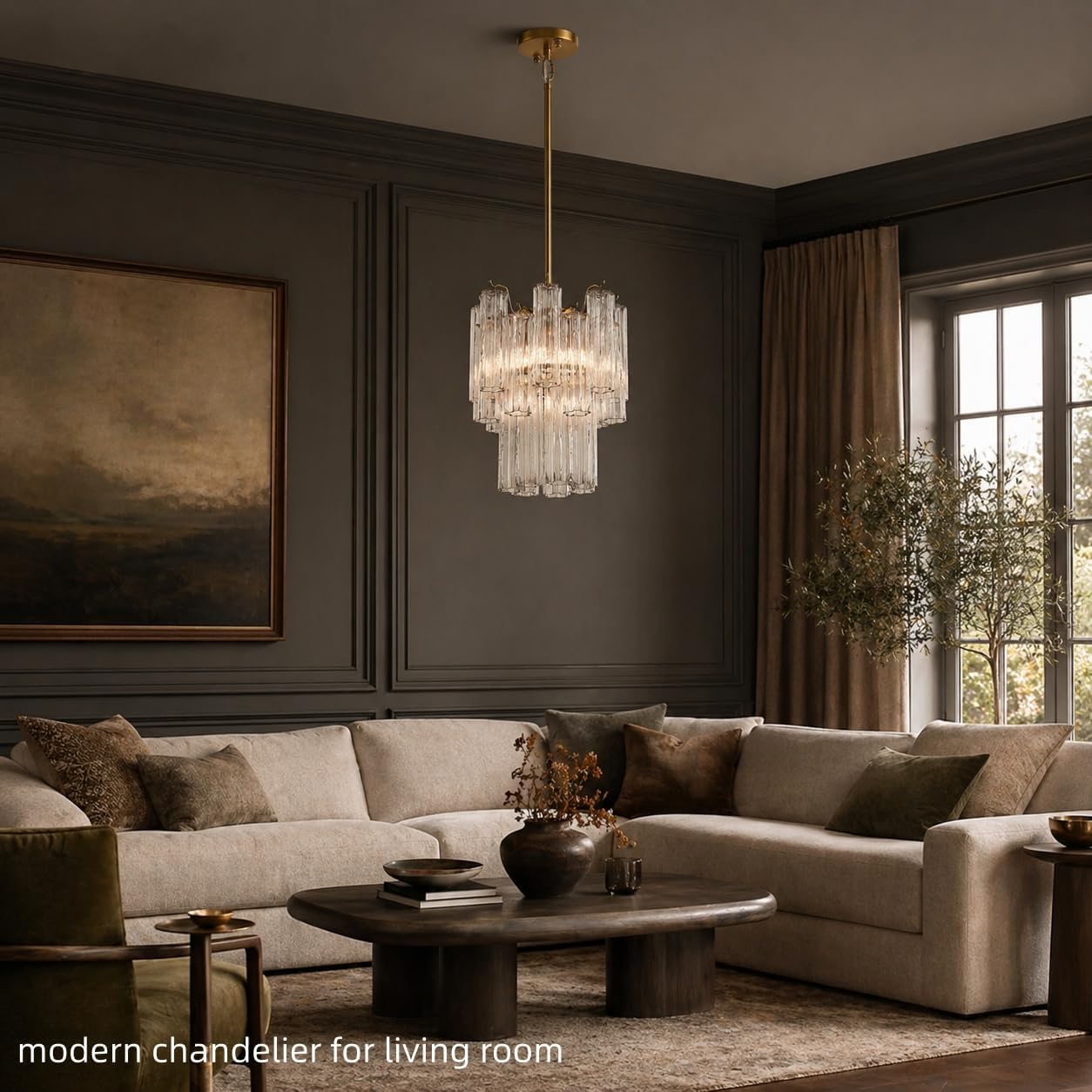 Luxury Gold 5-Light Glass Tube Chandelier 12-Inch Adjustable Rod Pendant Light