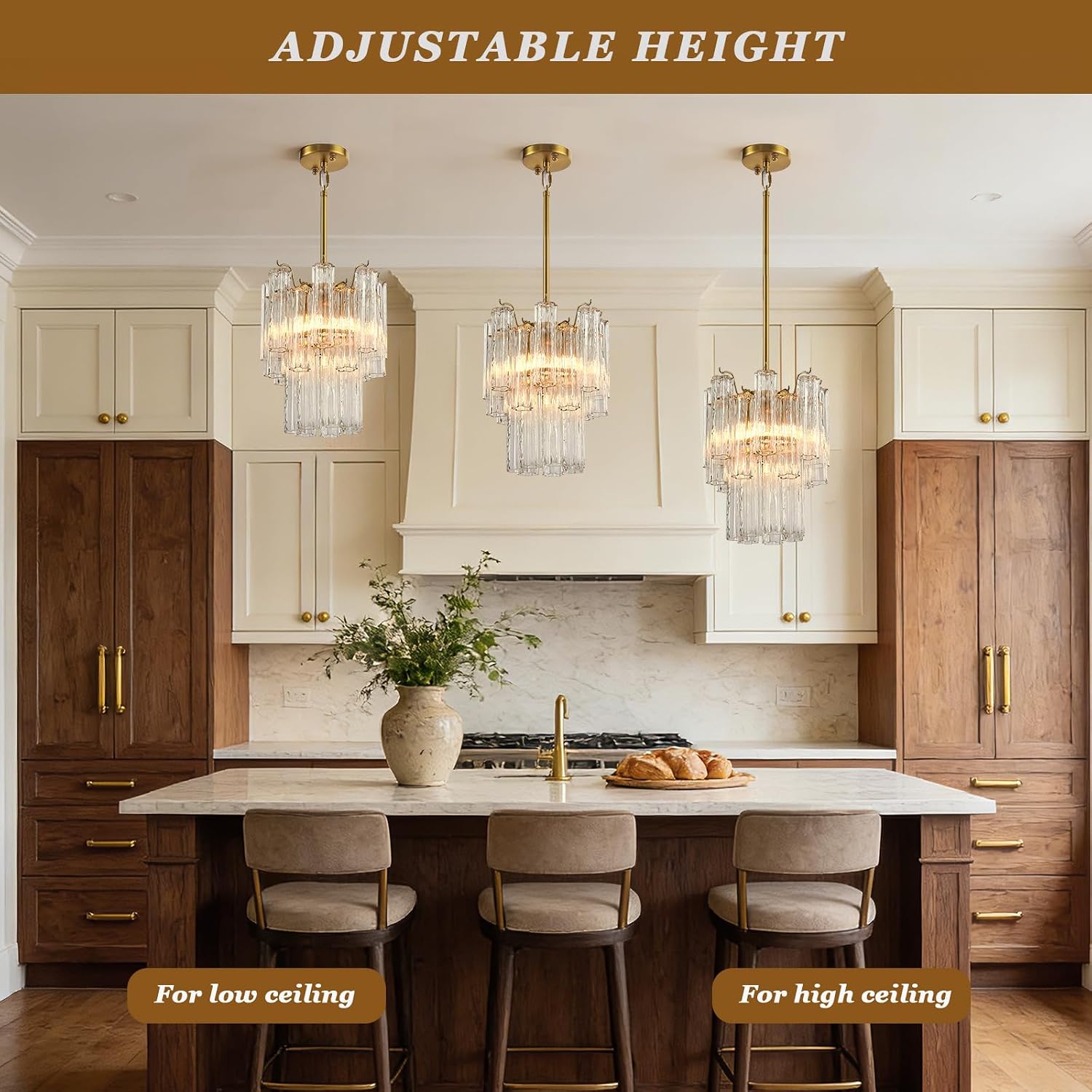 Luxury Gold 5-Light Glass Tube Chandelier 12-Inch Adjustable Rod Pendant Light