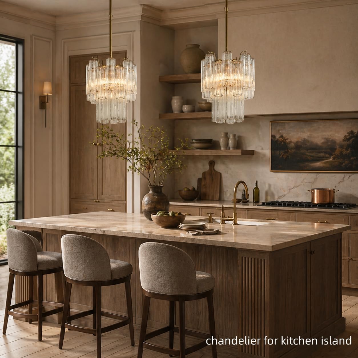Luxury Gold 5-Light Glass Tube Chandelier 12-Inch Adjustable Rod Pendant Light