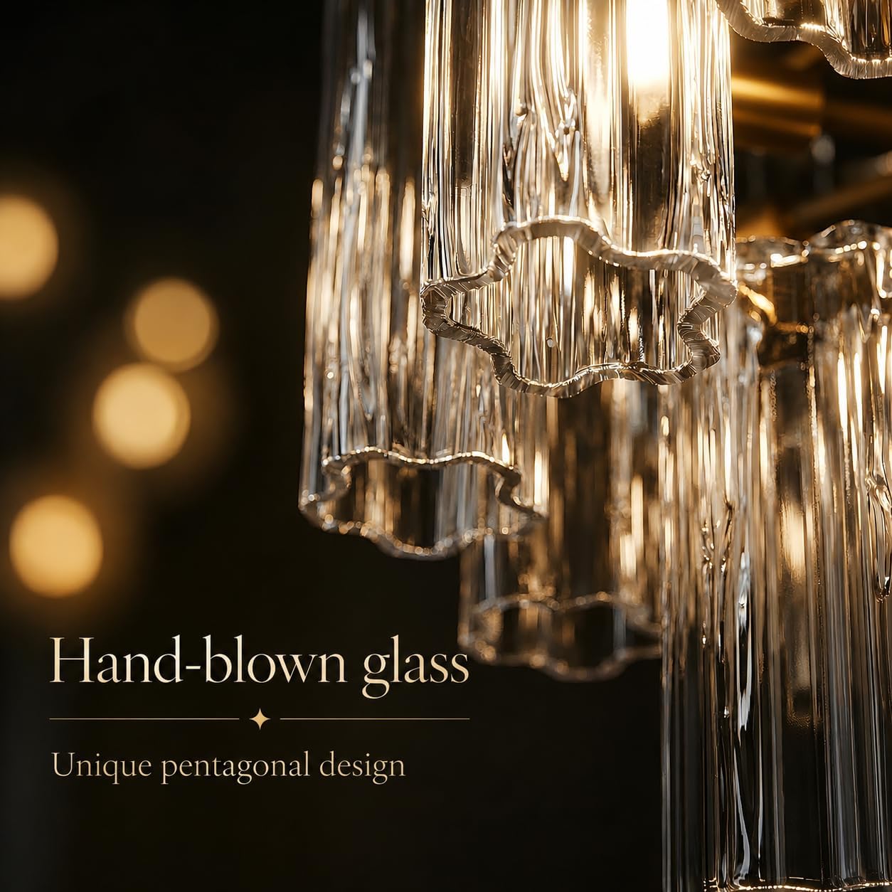 Luxury Gold 5-Light Glass Tube Chandelier 12-Inch Adjustable Rod Pendant Light
