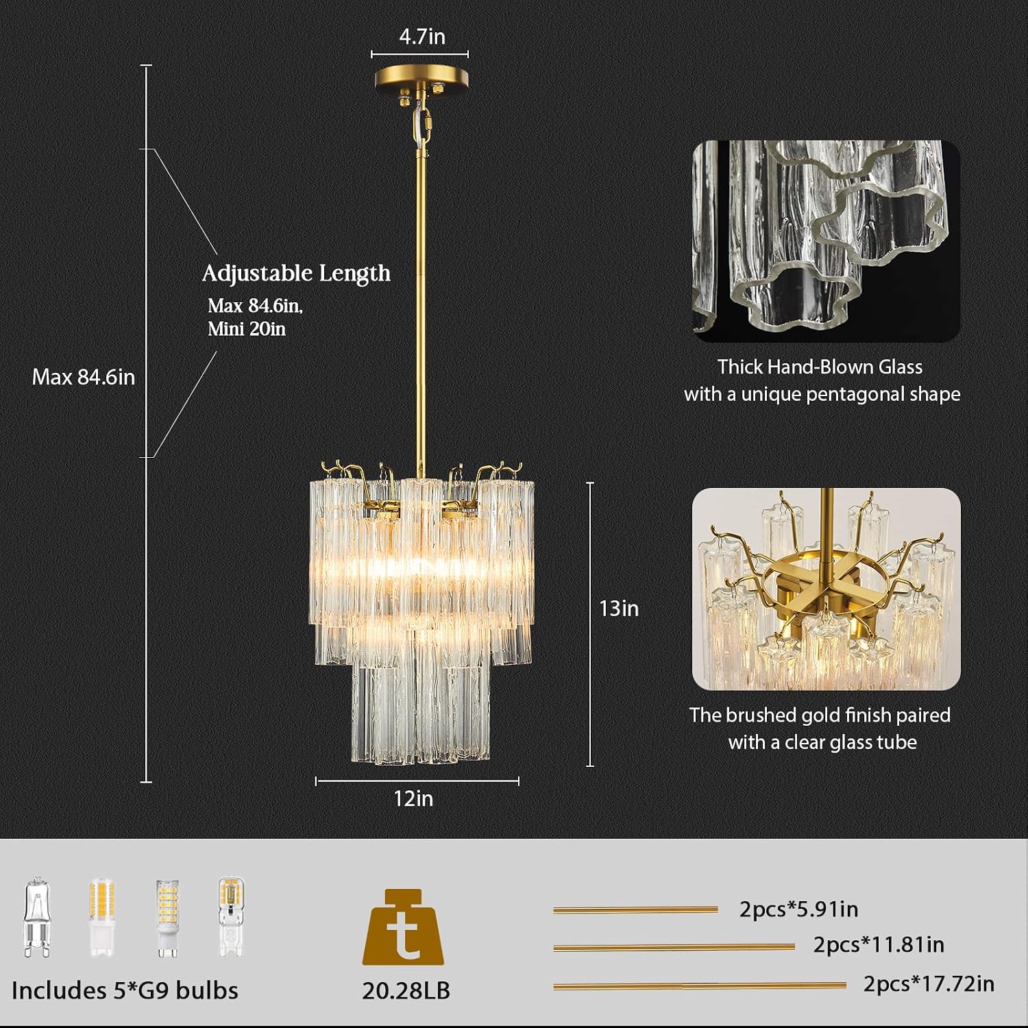 Luxury Gold 5-Light Glass Tube Chandelier 12-Inch Adjustable Rod Pendant Light