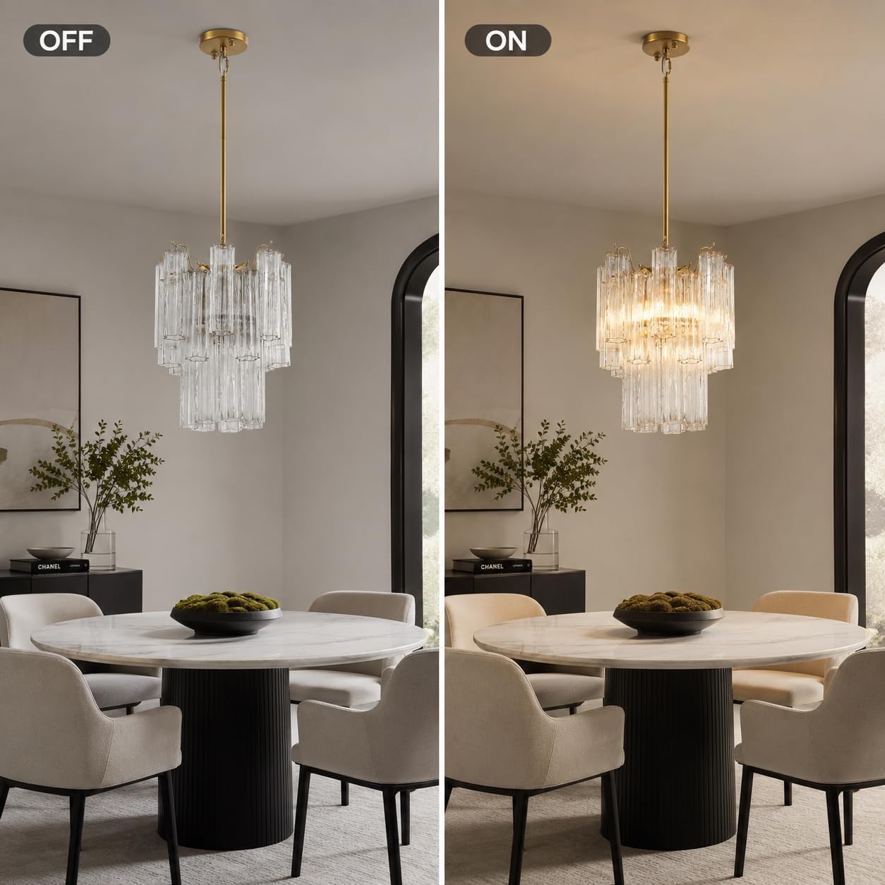 Luxury Gold 5-Light Glass Tube Chandelier 12-Inch Adjustable Rod Pendant Light