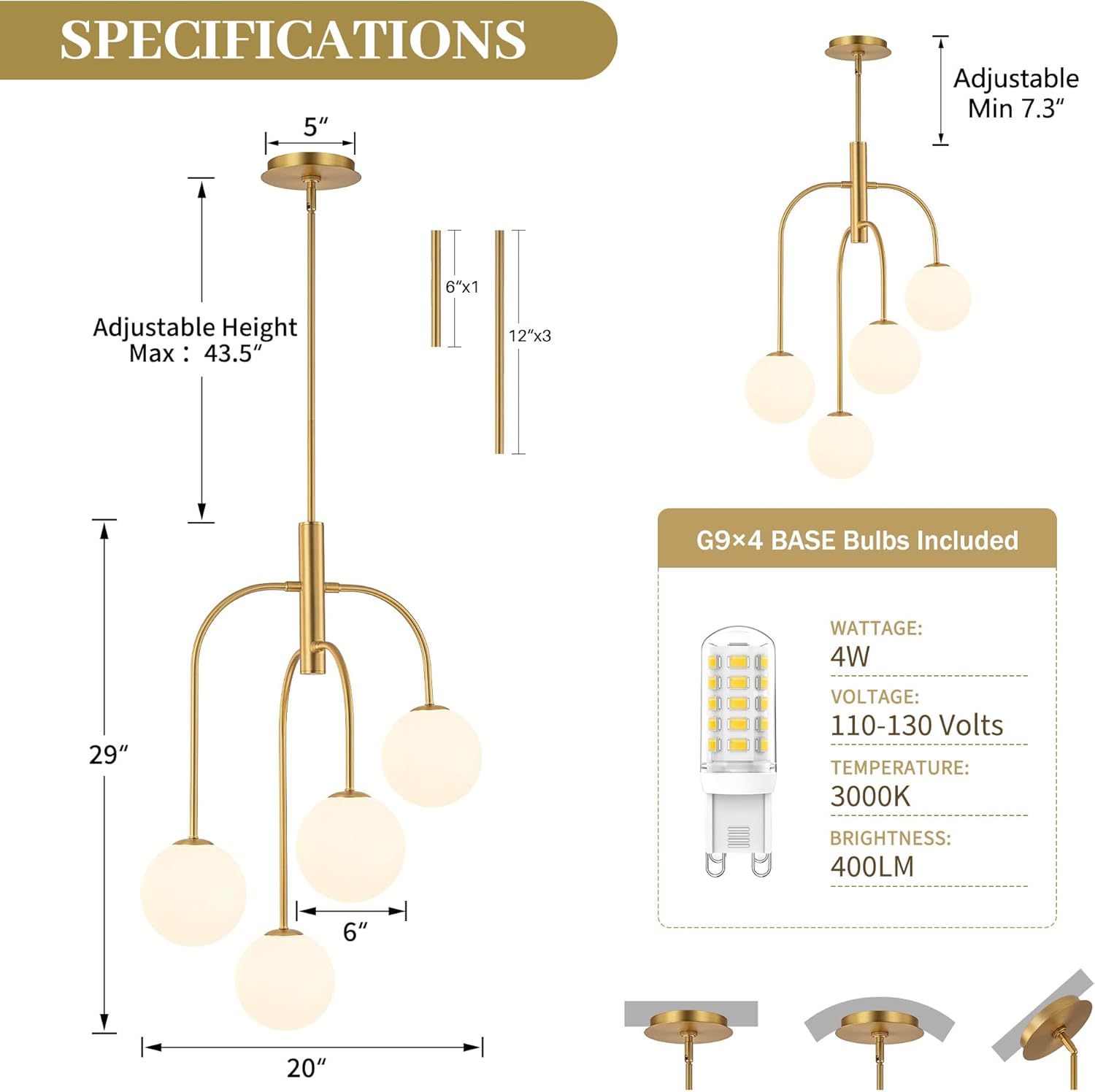 Modern 4-Light Gold Globe Chandelier Adjustable Height G9 Pendant Light for Bedroom Living Room