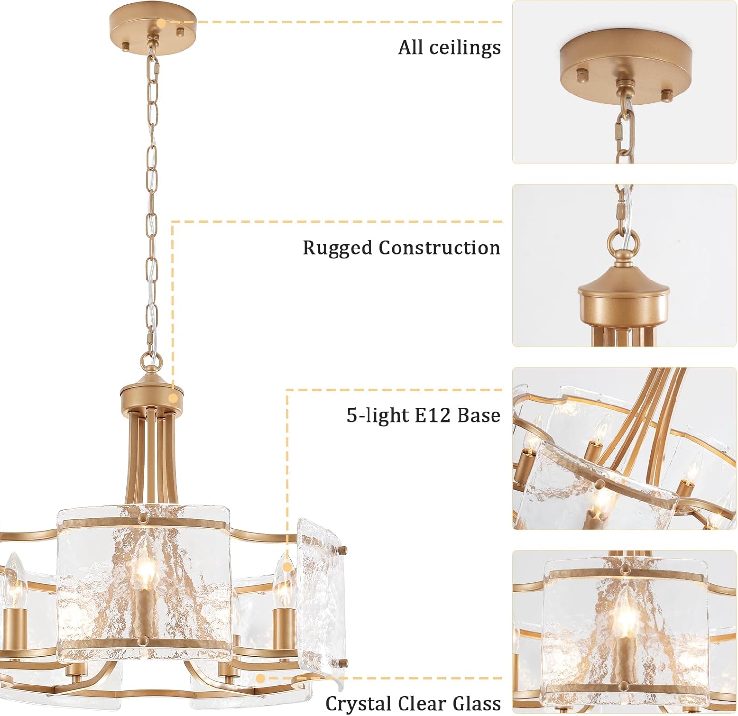 Modern 5 Light Gold Crystal Glass Drum Chandelier Pendant Ceiling Light